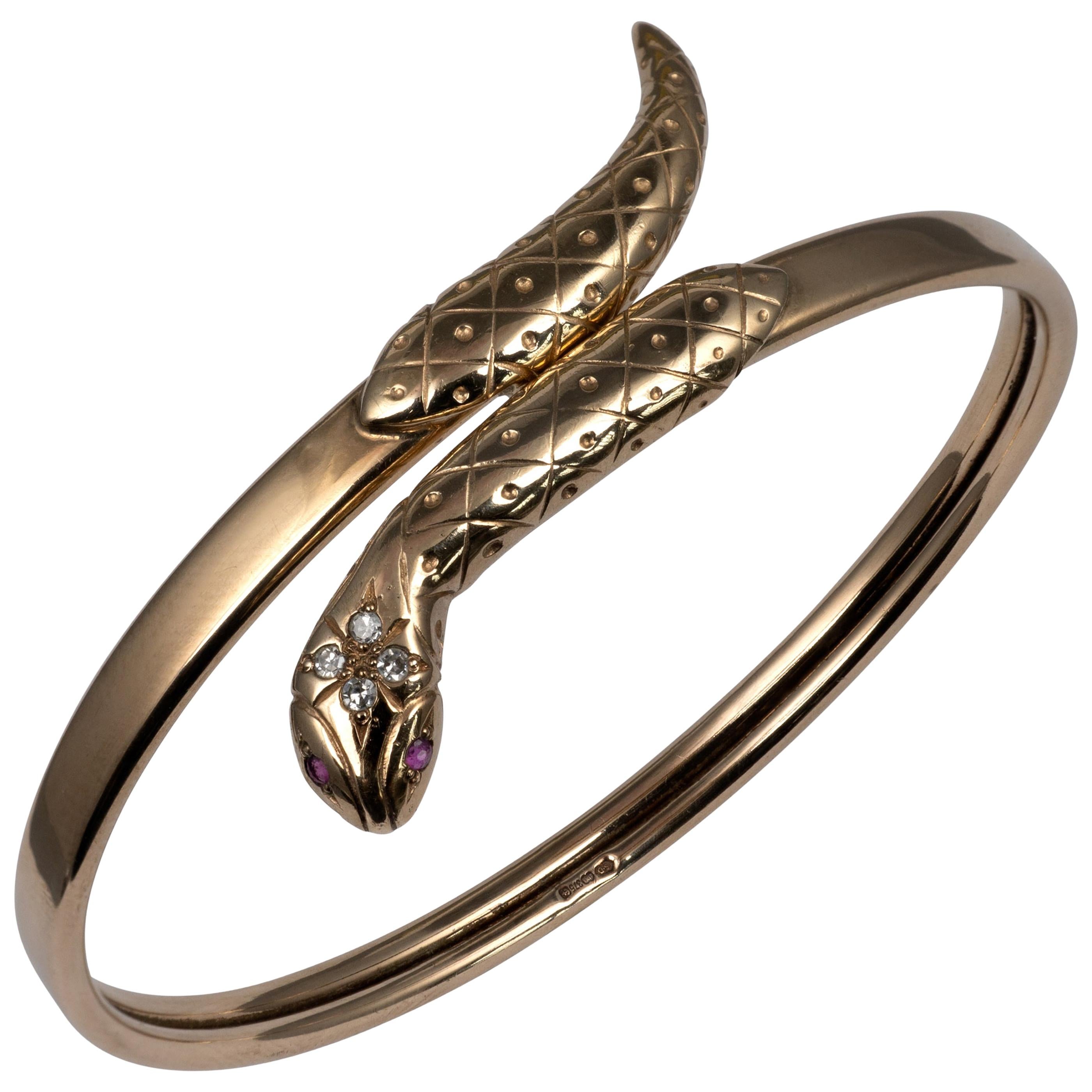 Diamond and Ruby Yellow Gold Snake Bangle Bracelet Hallmarked Solid Gold
