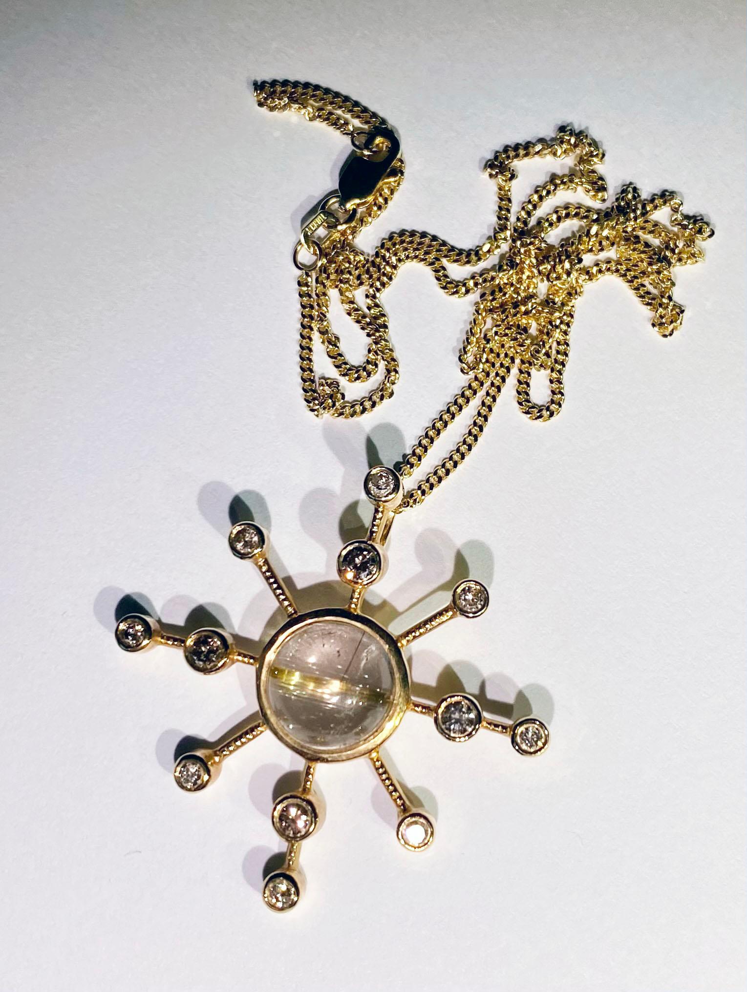 An 18k Yellow Gold Diamond Starburst Pendant set with Rutillated Quartz For Sale 8