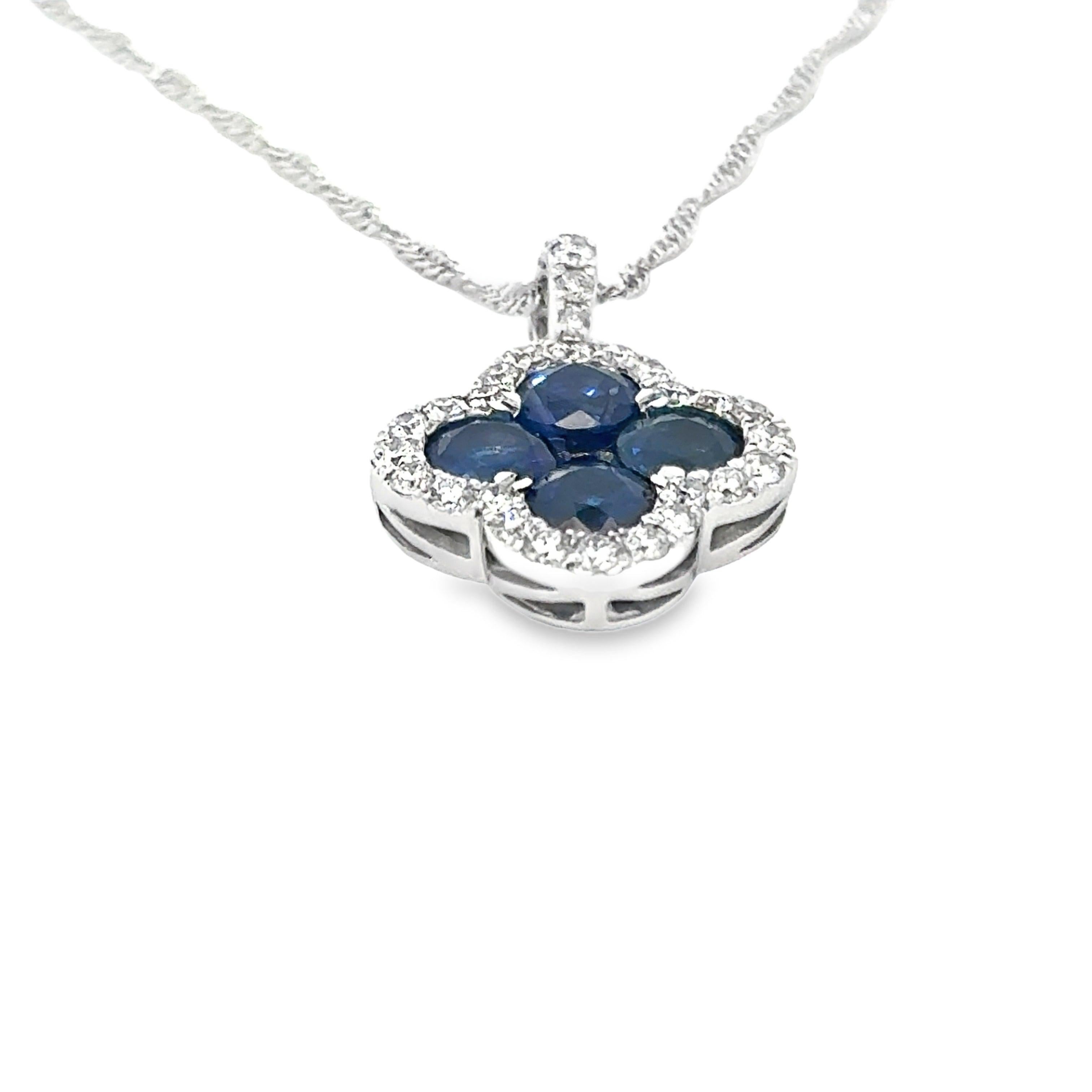 Collar Trébol Oro Blanco 14K Diamante y Zafiro en Nuevo estado para la venta en Derby, NY