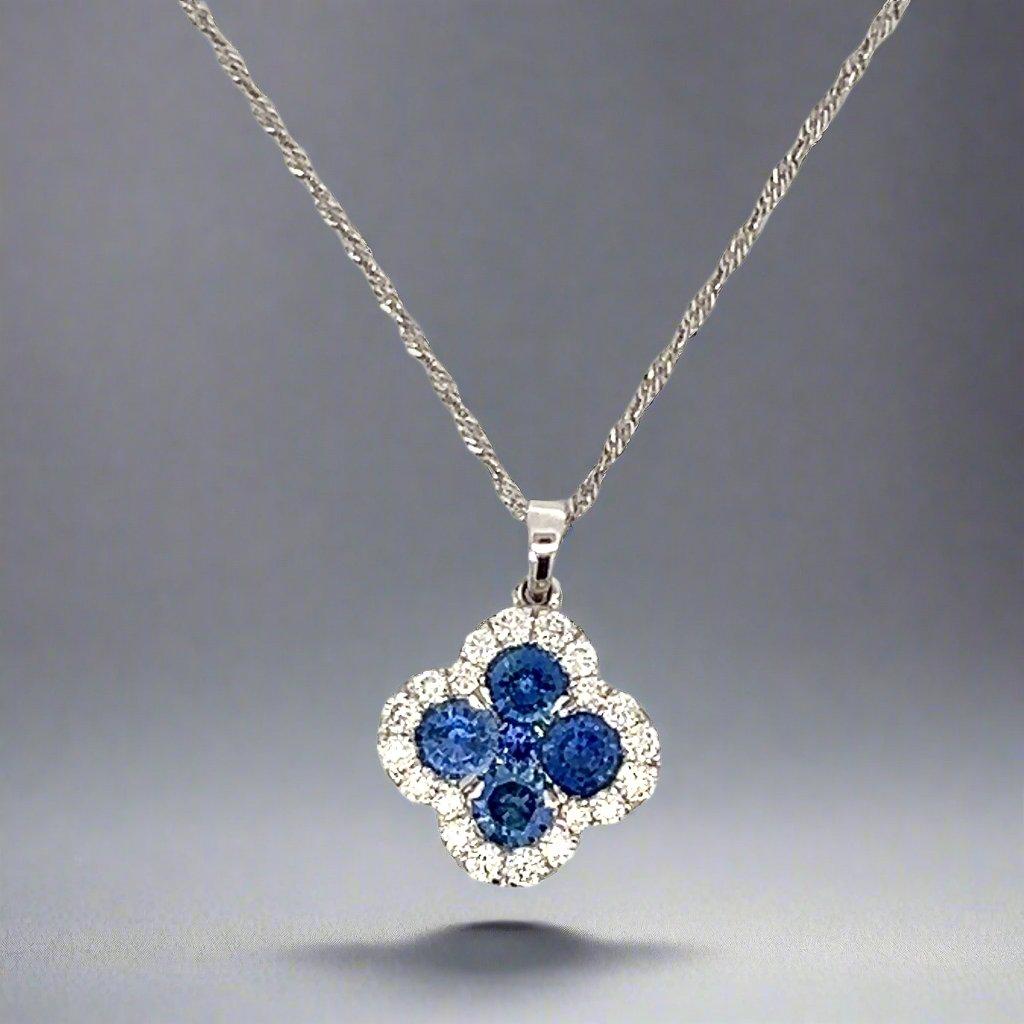 Collar Trébol Oro Blanco 14K Diamante y Zafiro en venta 1