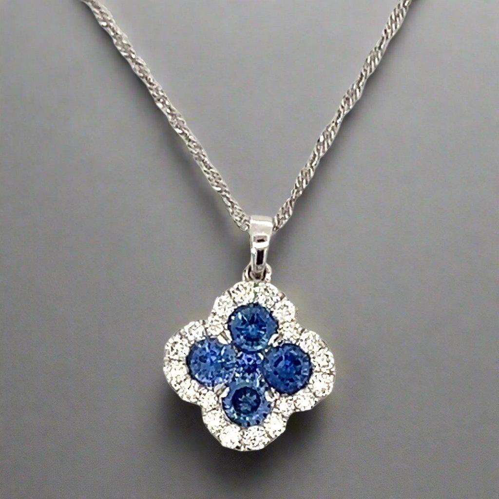 Collar Trébol Oro Blanco 14K Diamante y Zafiro en venta 2