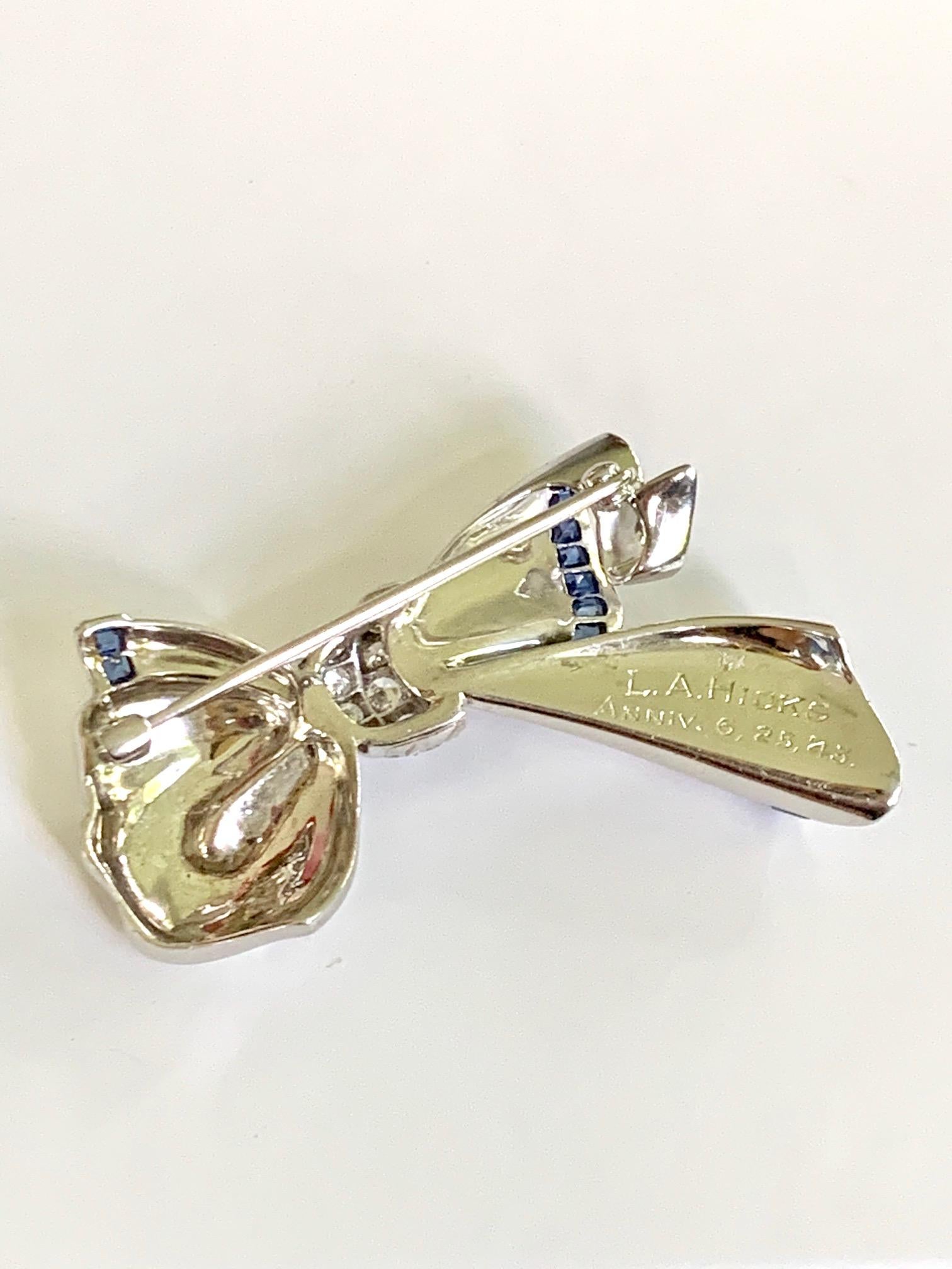 Women's or Men's Diamond and Sapphire 18 Karat White Gold Bow Brooch Pin