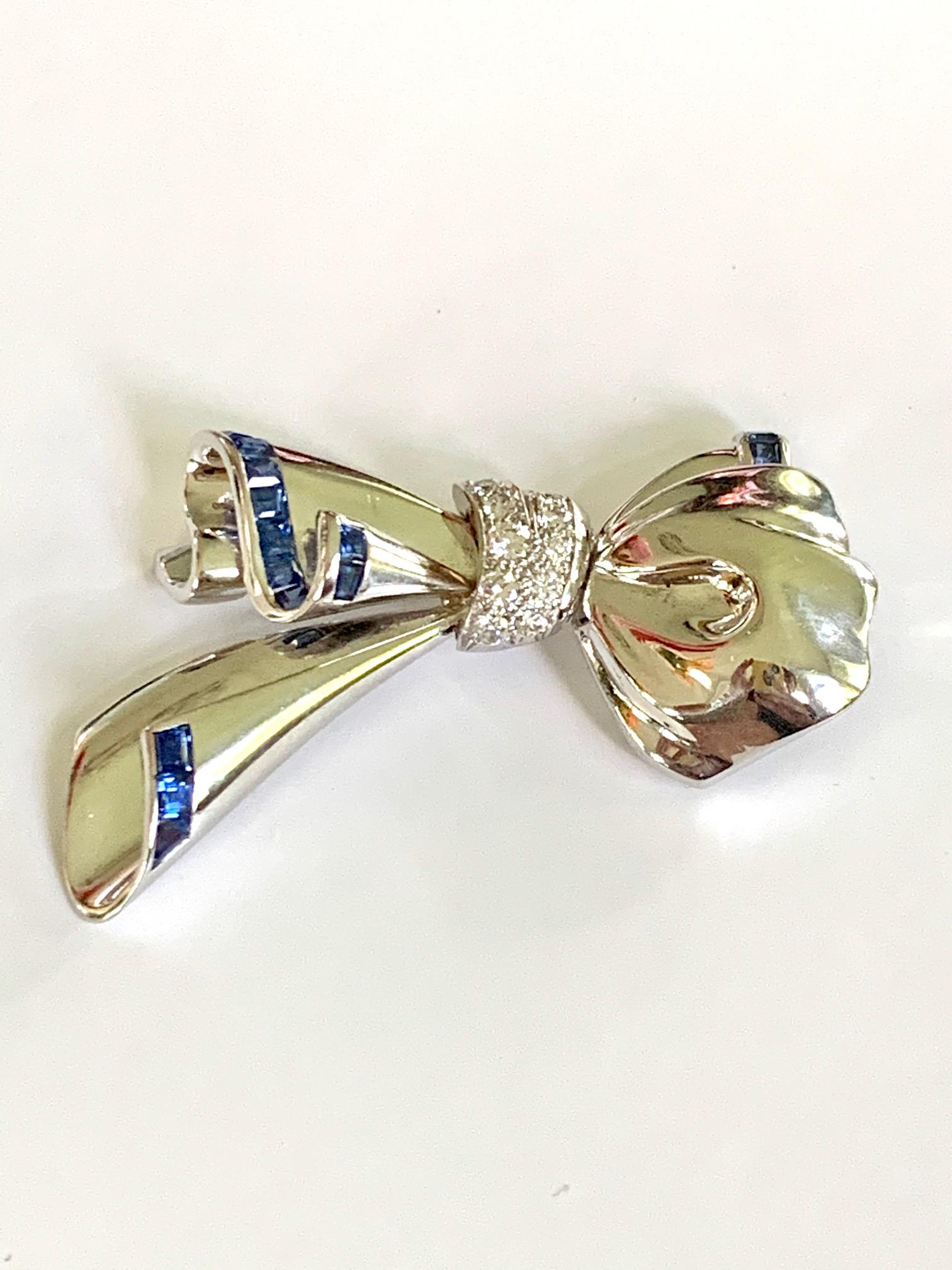 Diamond and Sapphire 18 Karat White Gold Bow Brooch Pin 1