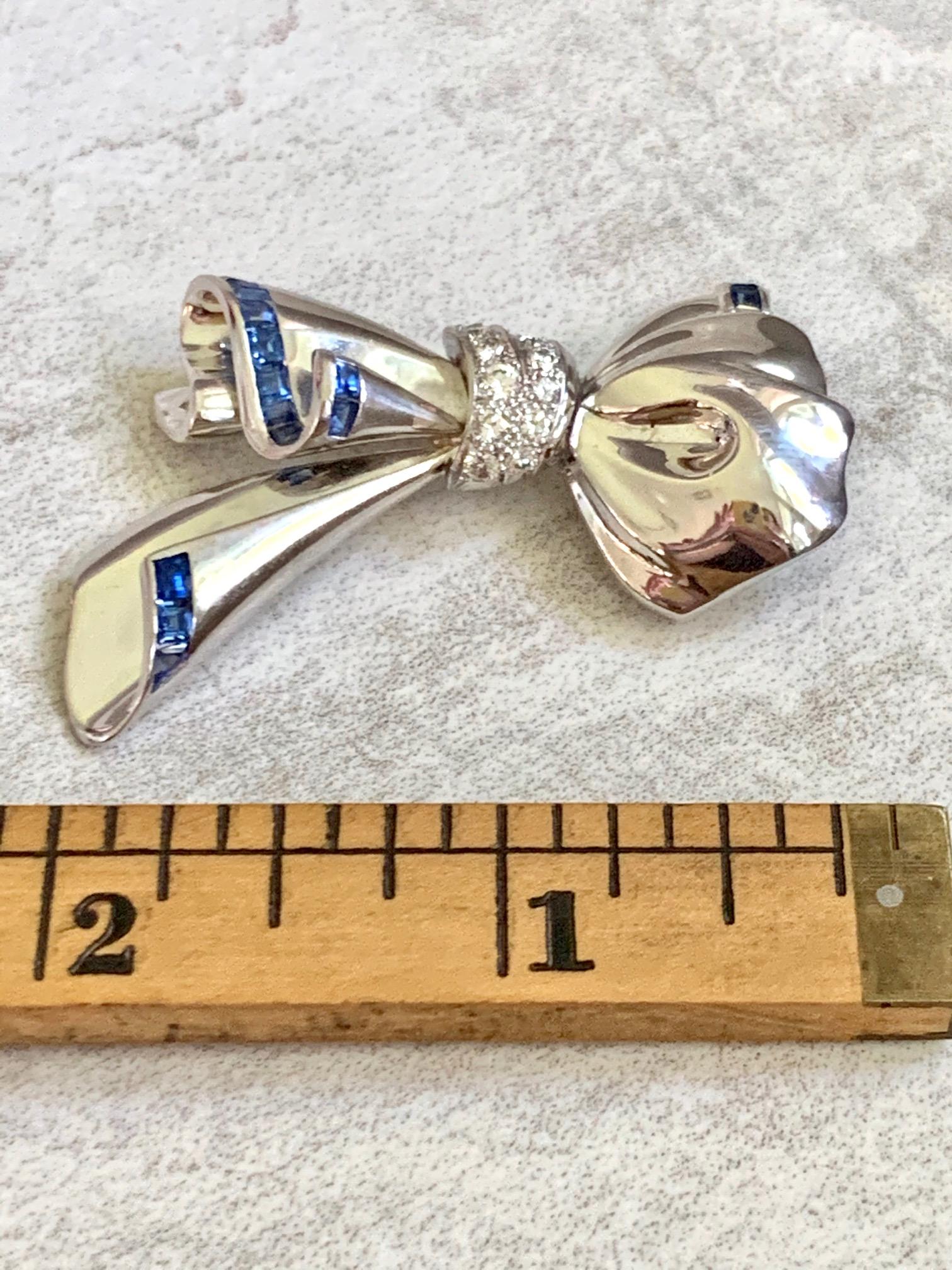 Diamond and Sapphire 18 Karat White Gold Bow Brooch Pin 2