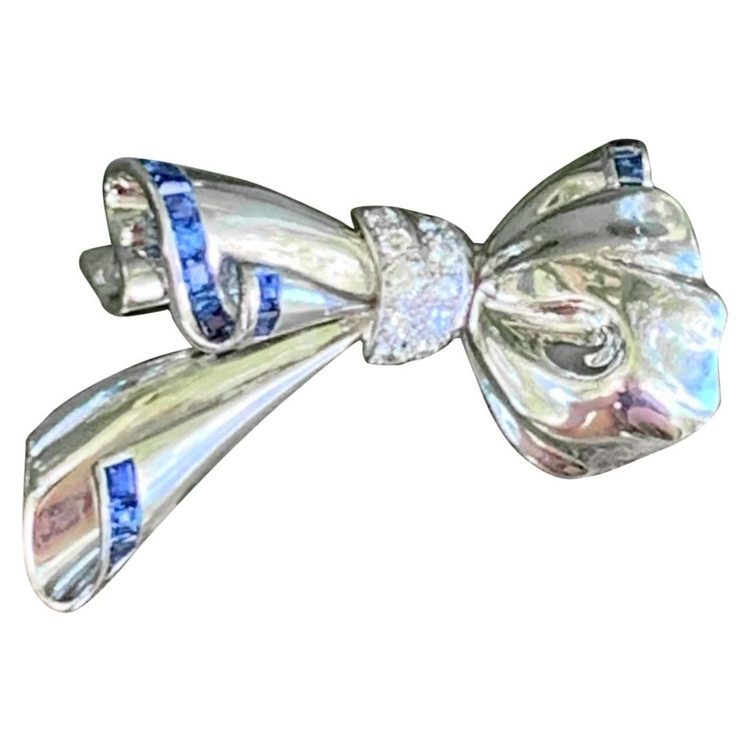 Diamond and Sapphire 18 Karat White Gold Bow Brooch Pin
