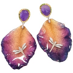Diamond and Sapphire 18K Gold Dragonfly and Orchid Petal Chandelier Earrings