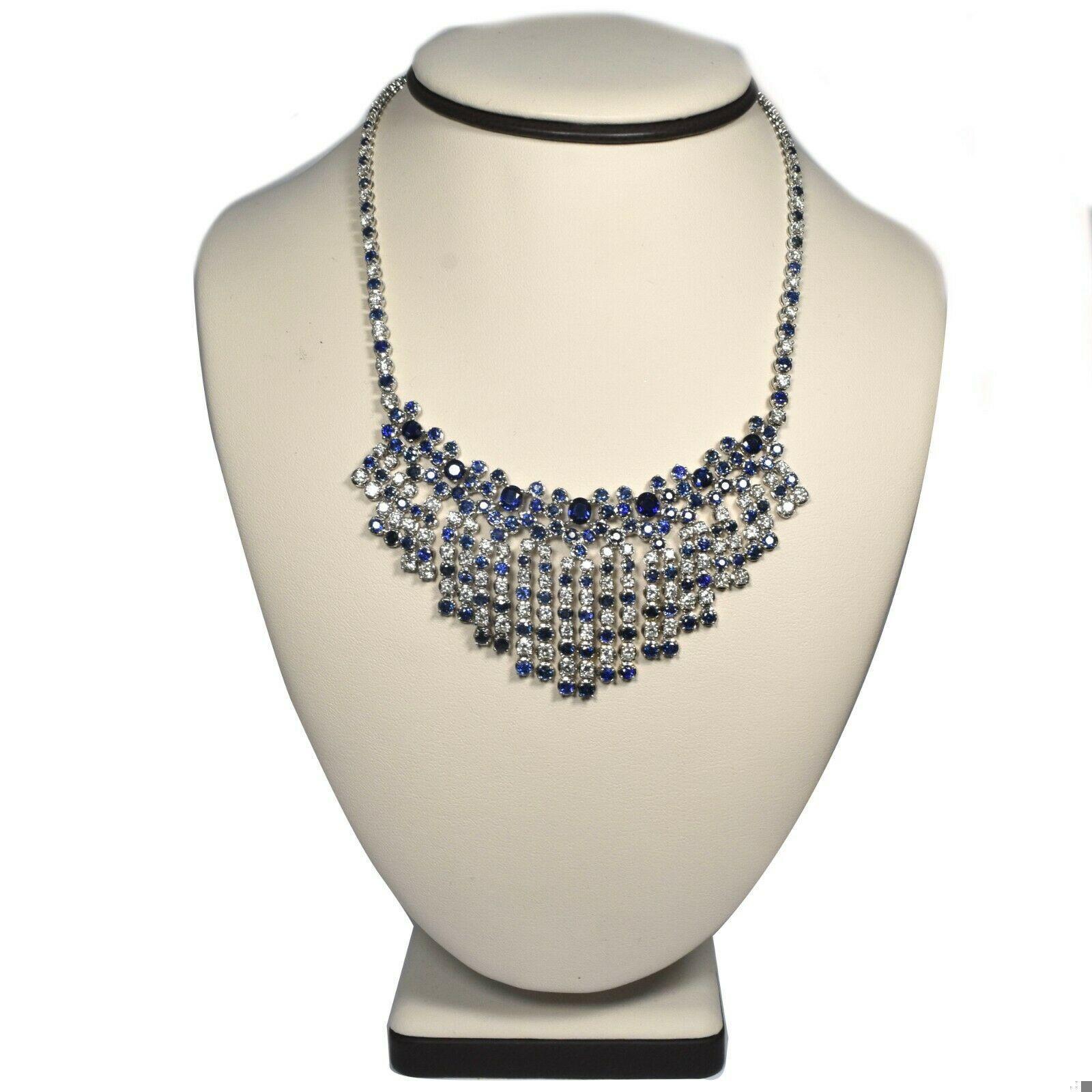 Brilliant Cut Diamond and Sapphire 18k White Gold Bib Necklace, 16.25 inches For Sale