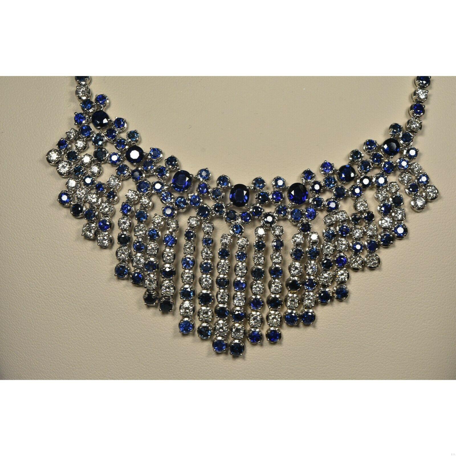 Diamond and Sapphire 18k White Gold Bib Necklace, 16.25 inches In Good Condition For Sale In Miami, FL
