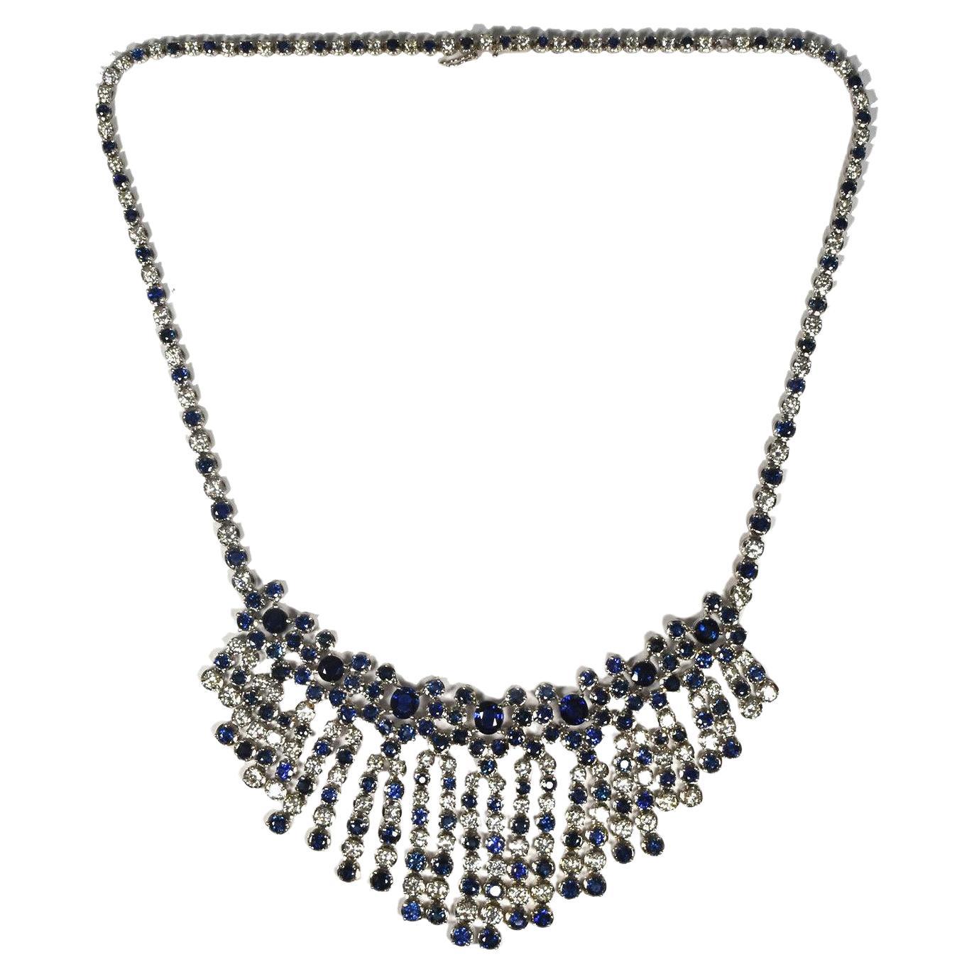 Diamond and Sapphire 18k White Gold Bib Necklace, 16.25 inches