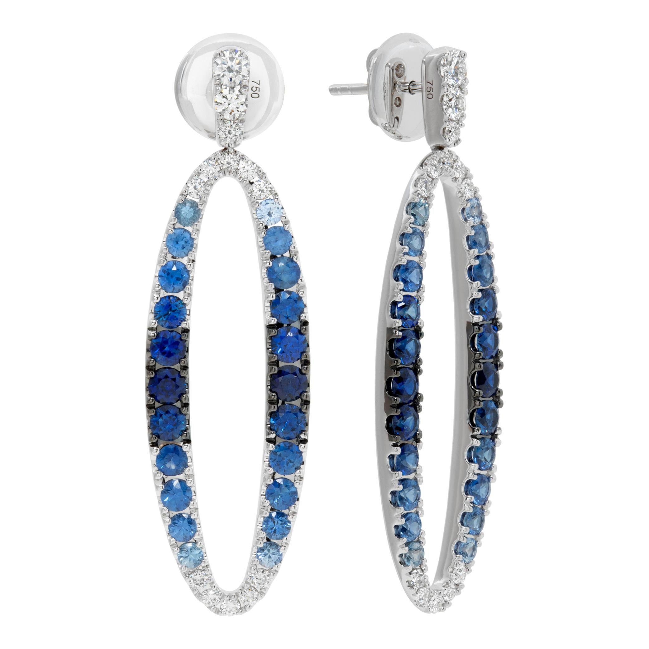 Diamond and sapphire 18k white gold drop earrings In Excellent Condition For Sale In Surfside, FL