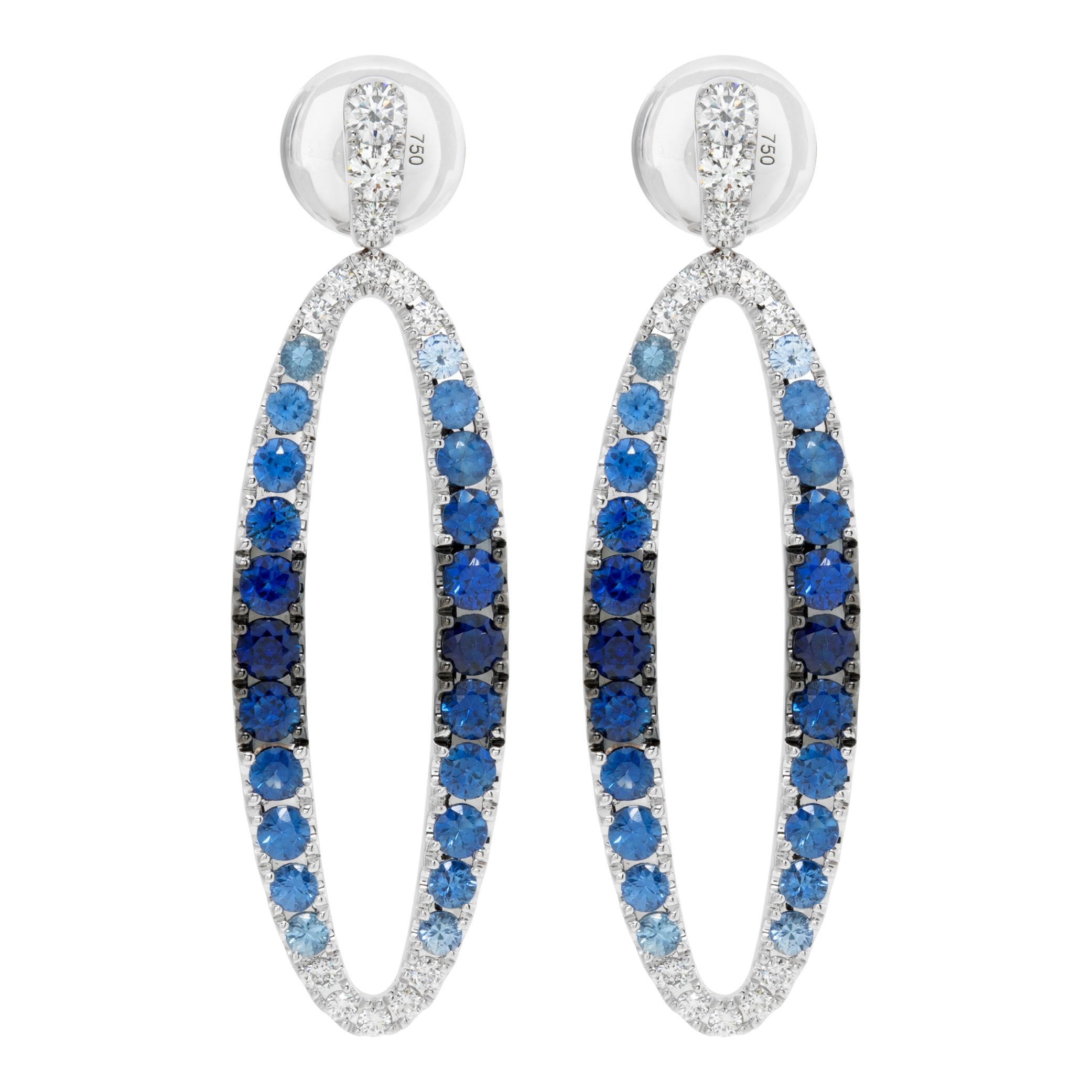 Diamond and sapphire 18k white gold drop earrings For Sale