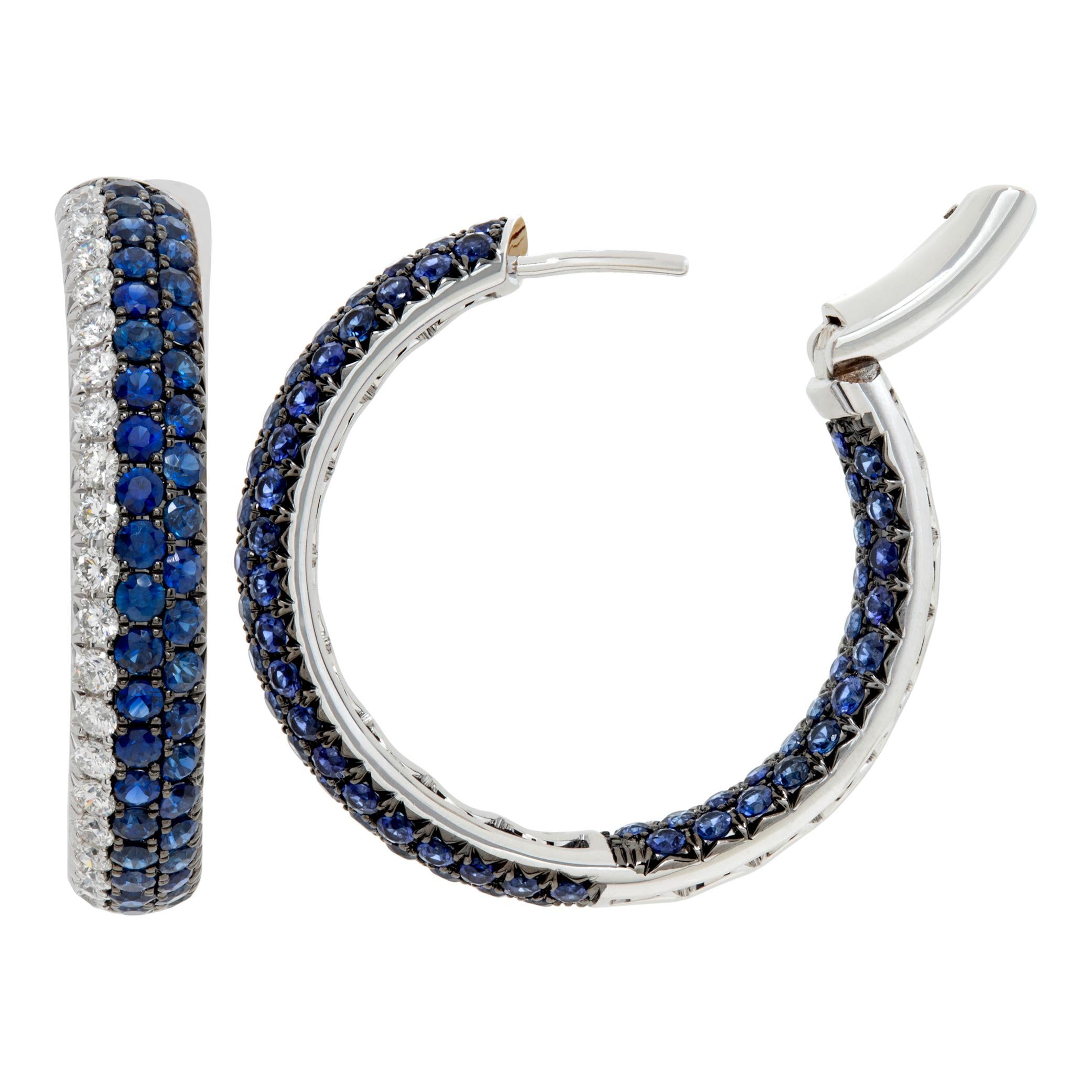Diamond and sapphire 18k white gold hoop earrings In Excellent Condition For Sale In Surfside, FL