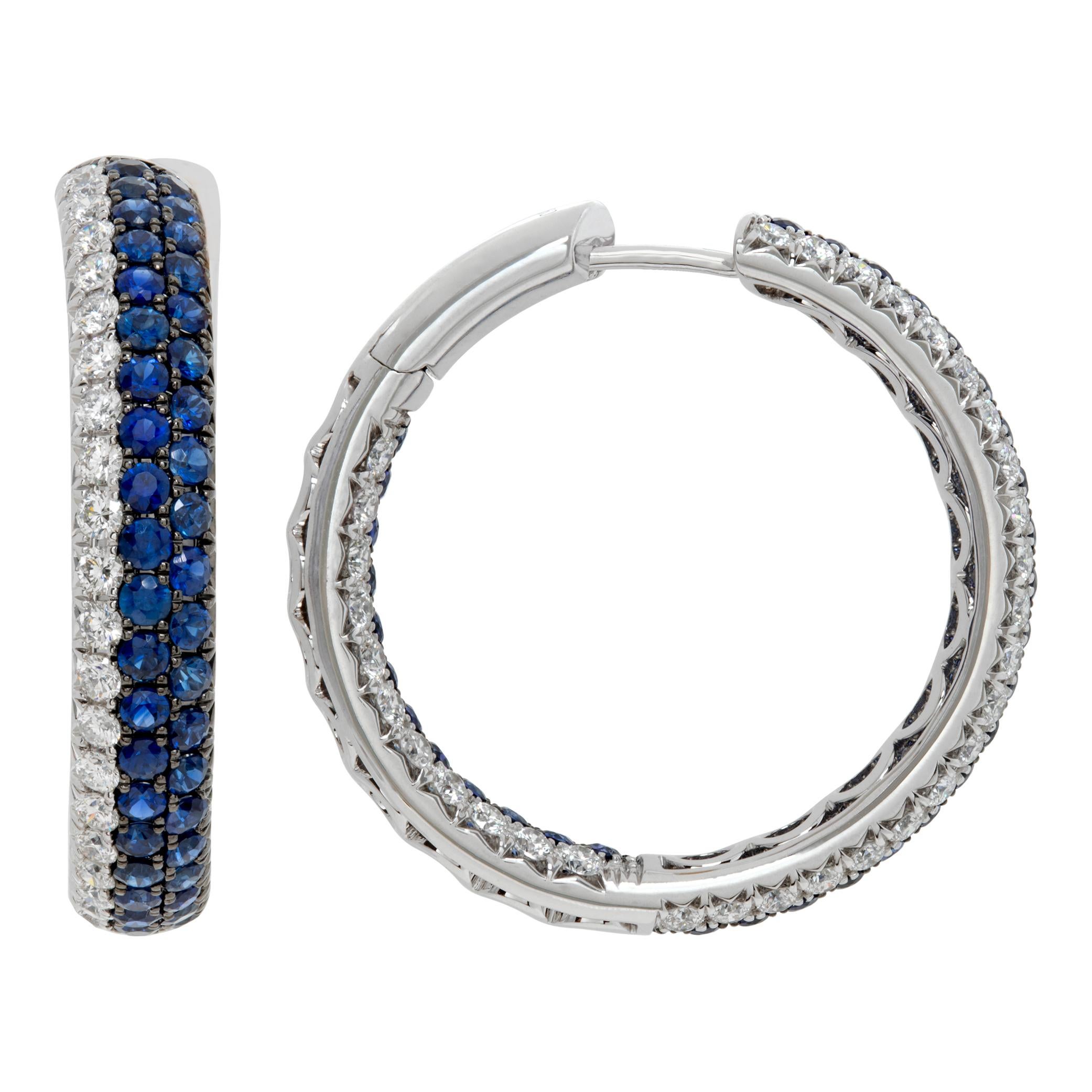 Women's Diamond and sapphire 18k white gold hoop earrings For Sale