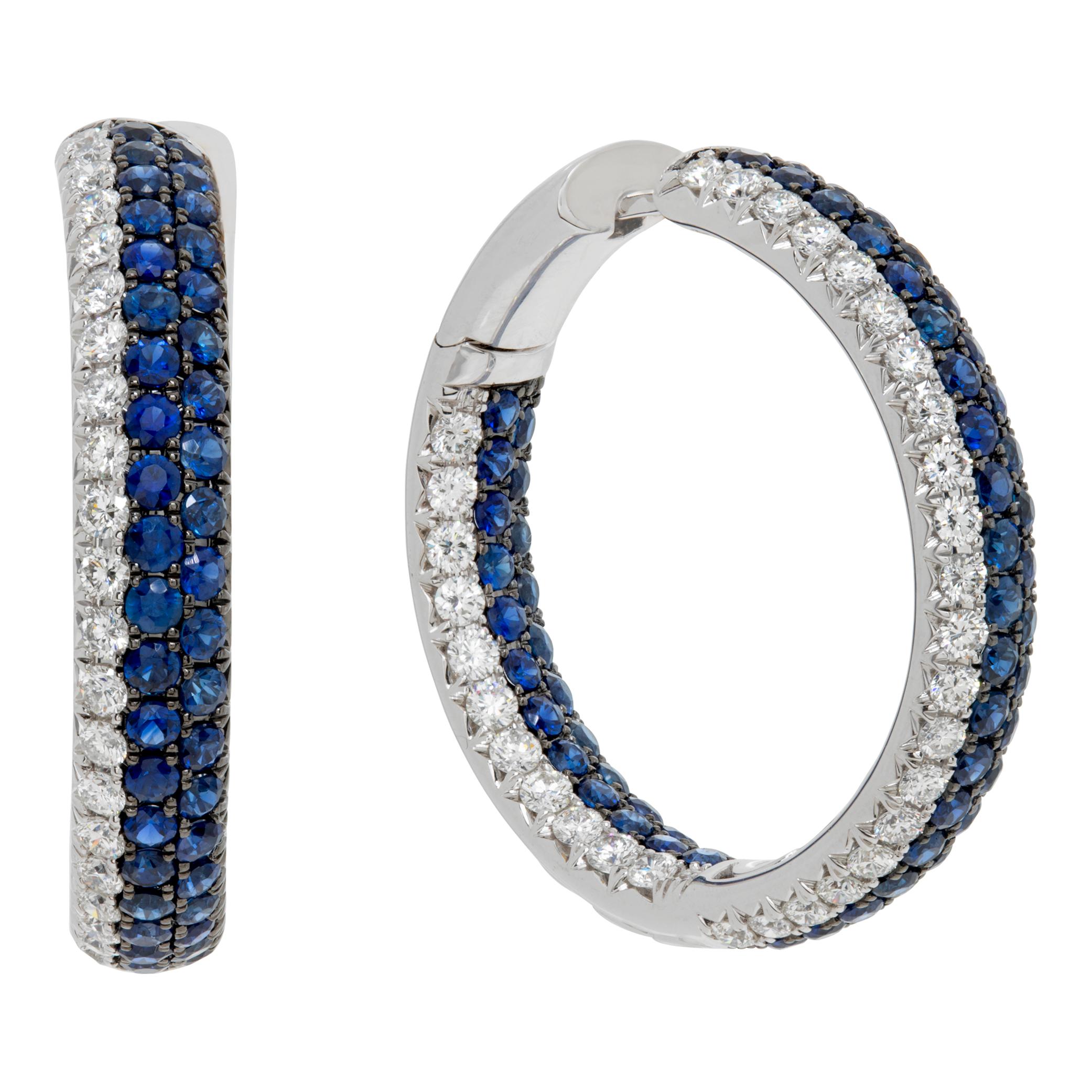 Diamond and sapphire 18k white gold hoop earrings For Sale