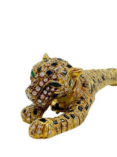 Diamond and Sapphire 18K Yellow Gold Leopard Bracelet and Brooch