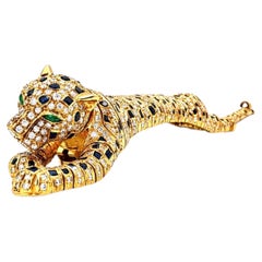 Diamond and Sapphire 18K Yellow Gold Leopard Bracelet and Brooch