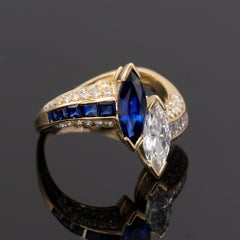 Anillo Toi et Moi de Oro de 18 Kt con Diamantes y Zafiro