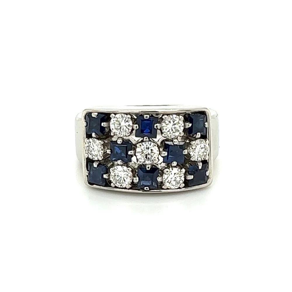 Round Cut Diamond and Sapphire 3 Row Platinum Vintage Band Ring  For Sale