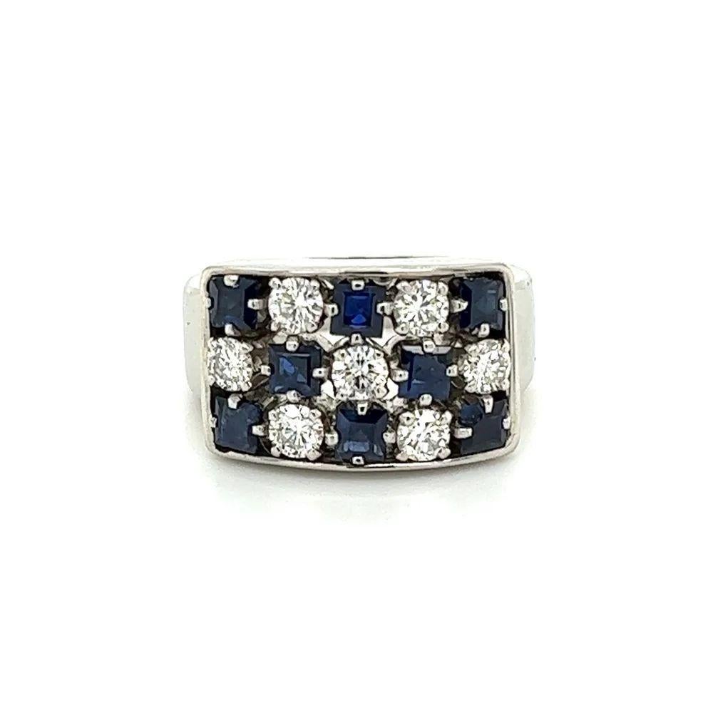 Modern Diamond and Sapphire 3 Row Platinum Vintage Band Ring For Sale
