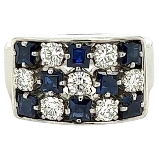 Diamond and Sapphire 3 Row Platinum Vintage Band Ring  For Sale