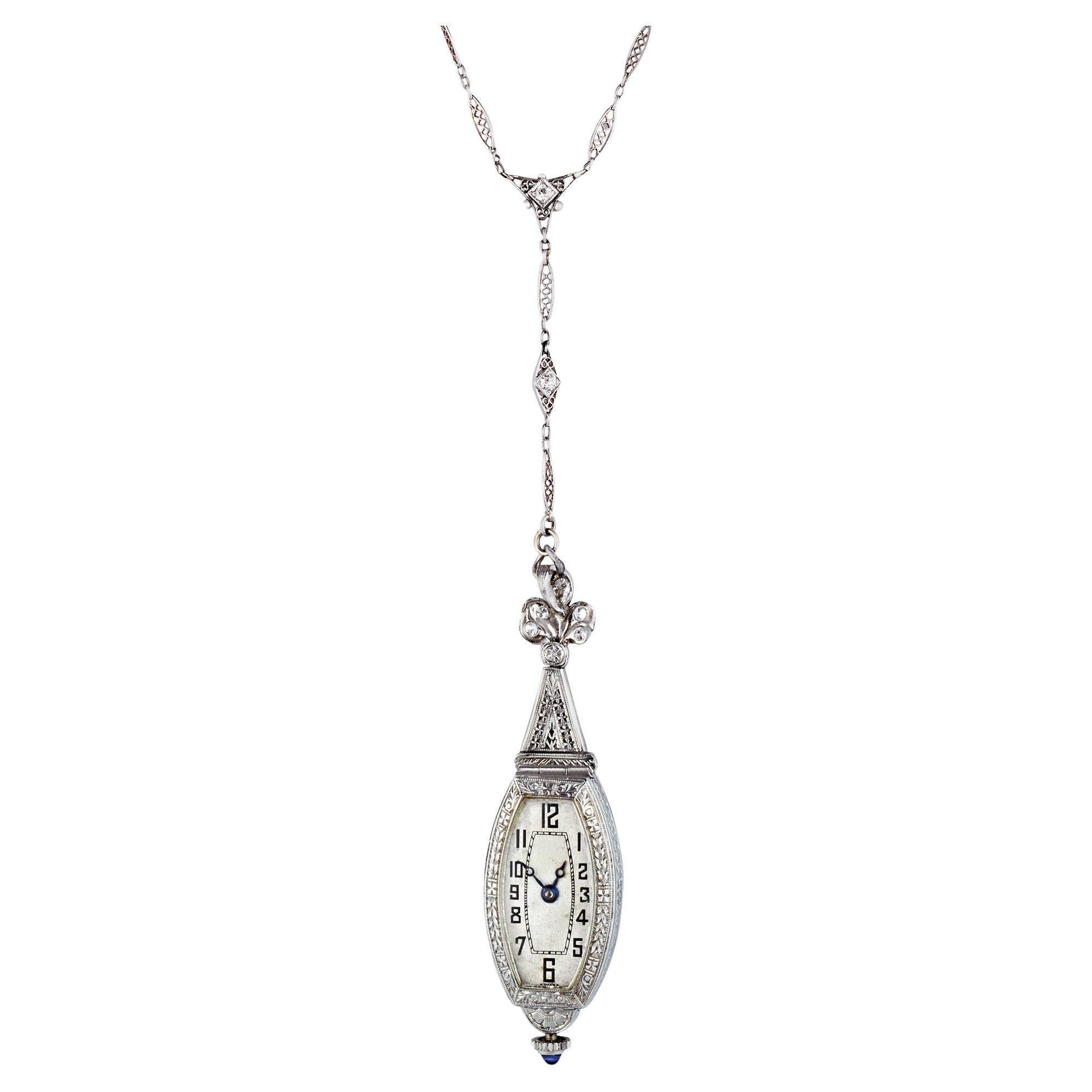 Diamond And Sapphire Art Deco Pendant And Watch For Sale