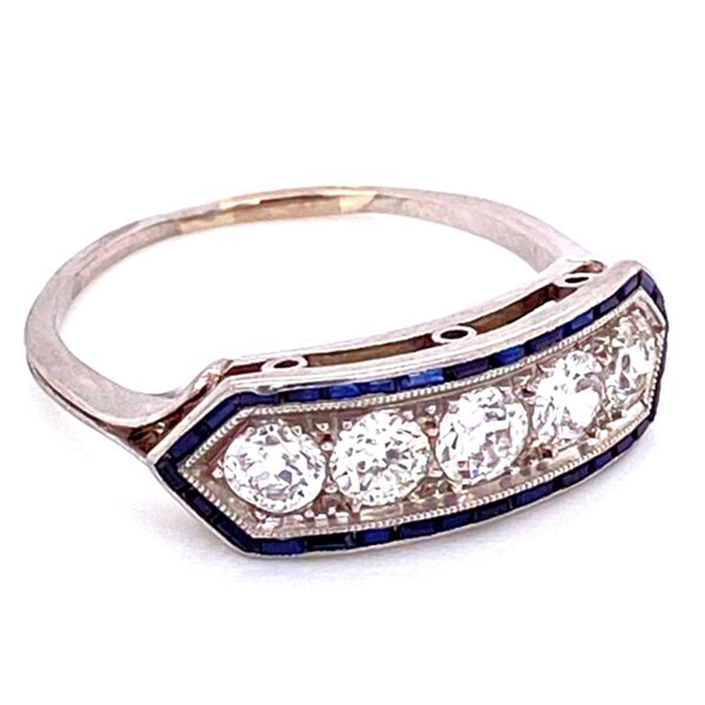 Women's Diamond and Sapphire Art Deco Platinum Bar Engagement Ring Estate Fine Jewelry