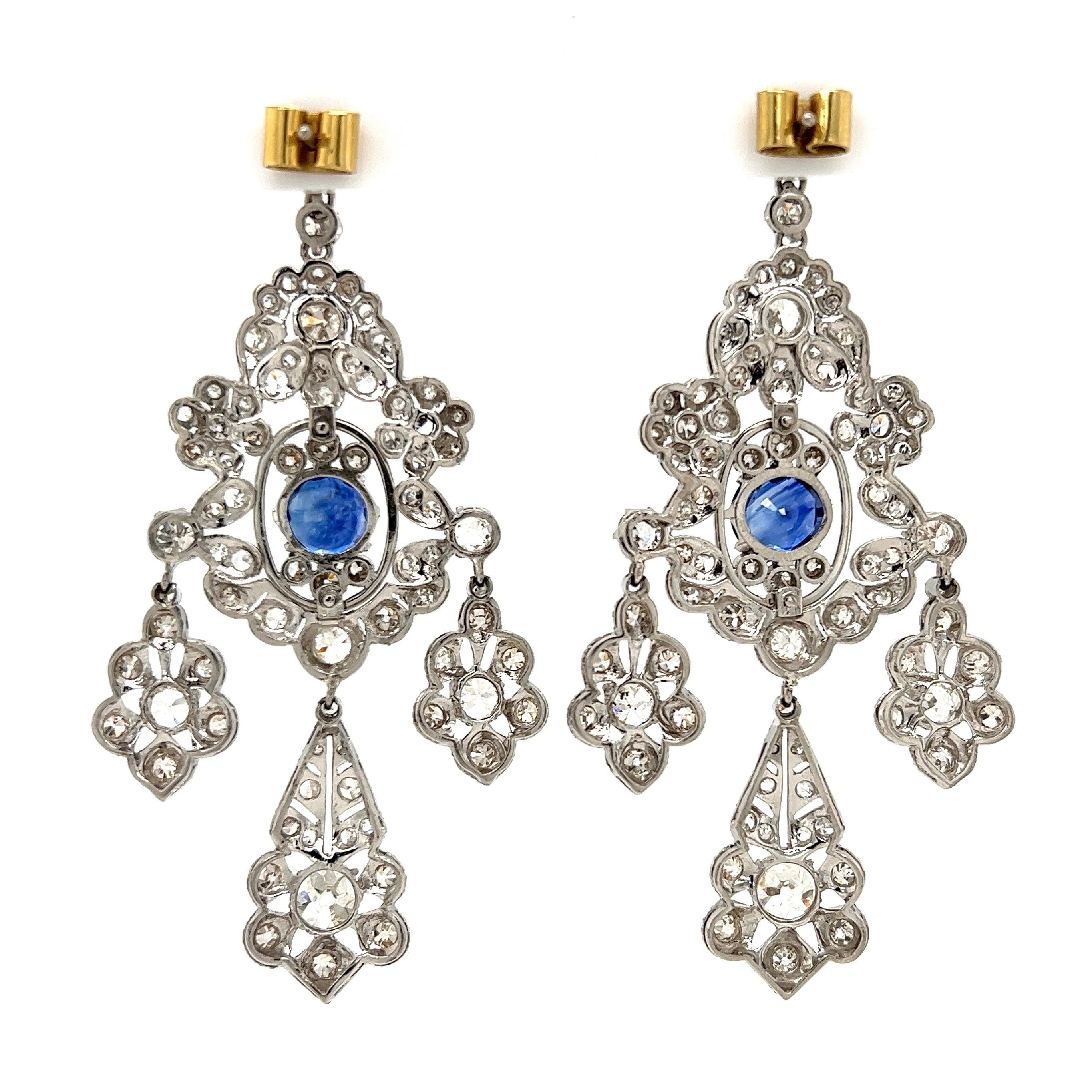 Modern Diamond and Sapphire Art Deco Revival Platinum Chandelier Earrings For Sale