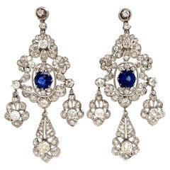 Diamond and Sapphire Art Deco Revival Platinum Chandelier Earrings