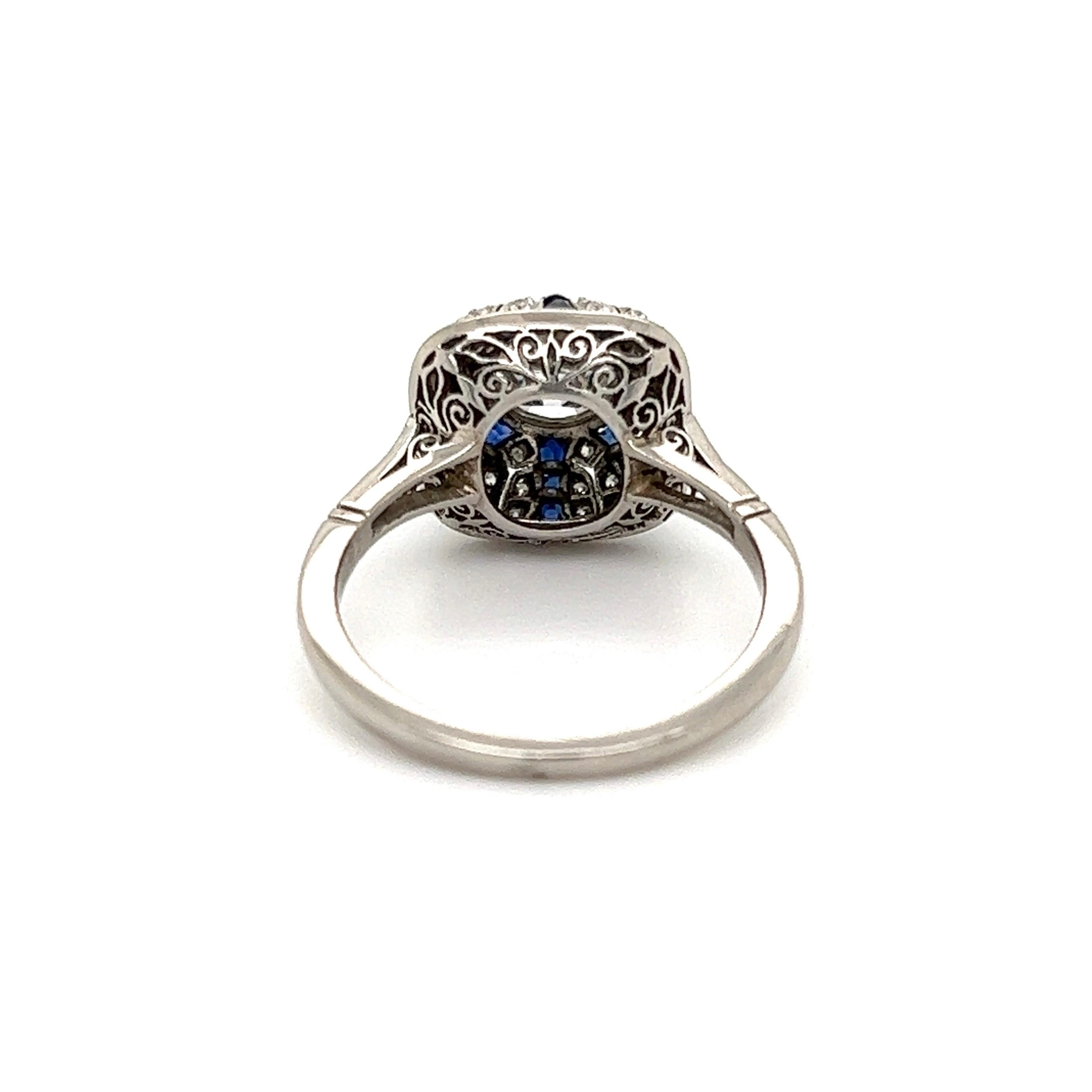 Women's Diamond and Sapphire Art Deco Revival Platinum Ring Fine Estate Jewelry