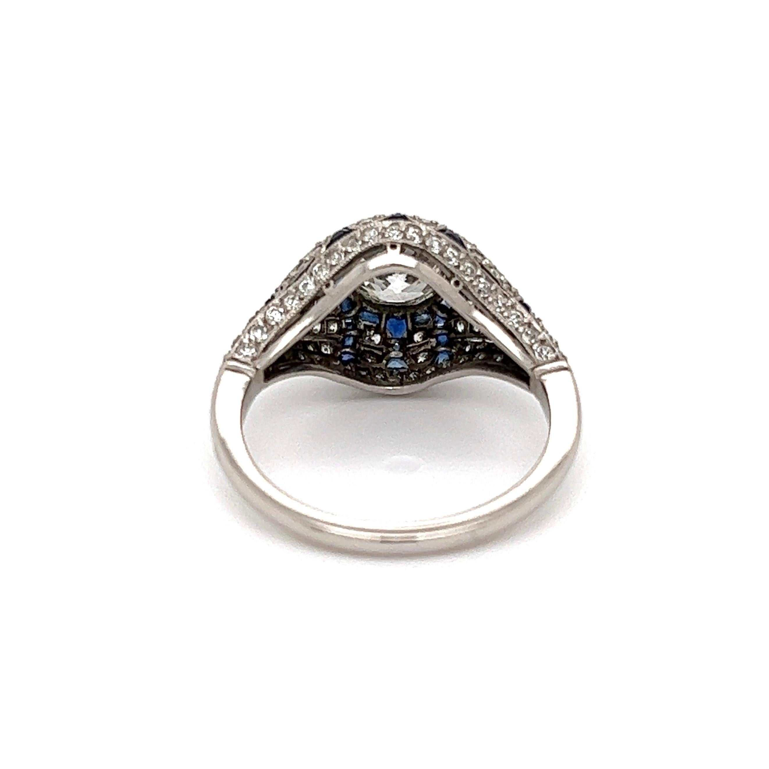 Diamond and Sapphire Art Deco Revival Platinum Ring Fine Estate Jewelry 1