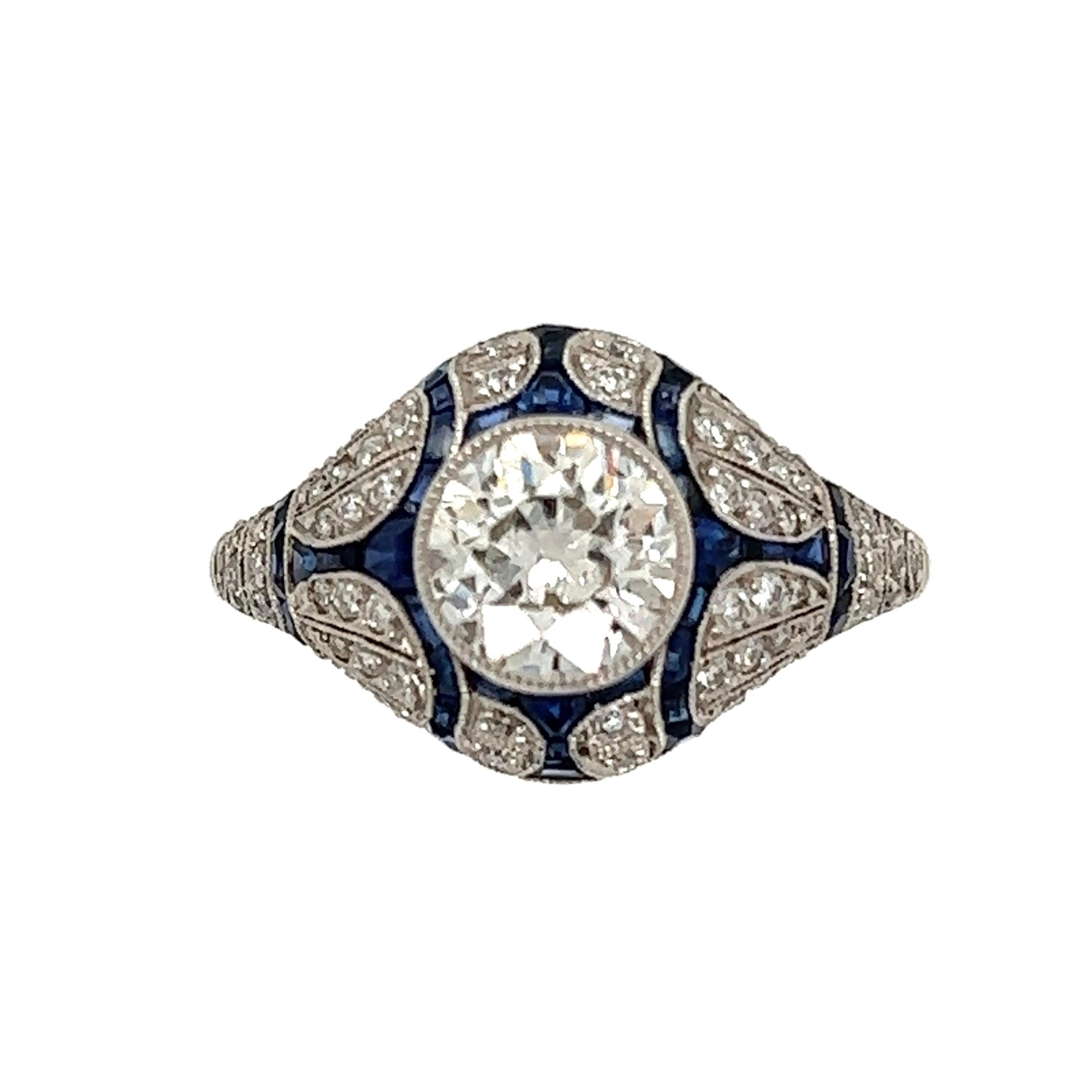 Diamond and Sapphire Art Deco Revival Platinum Ring Fine Estate Jewelry 2