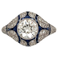 Diamond and Sapphire Art Deco Revival Platinum Ring Fine Estate Jewelry