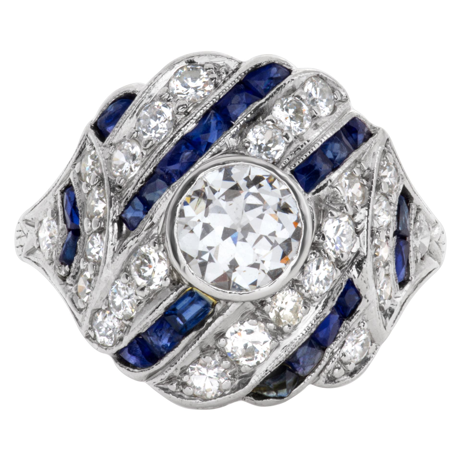 Old European Cut Diamond and Sapphire Art Deco Ring in Platinum