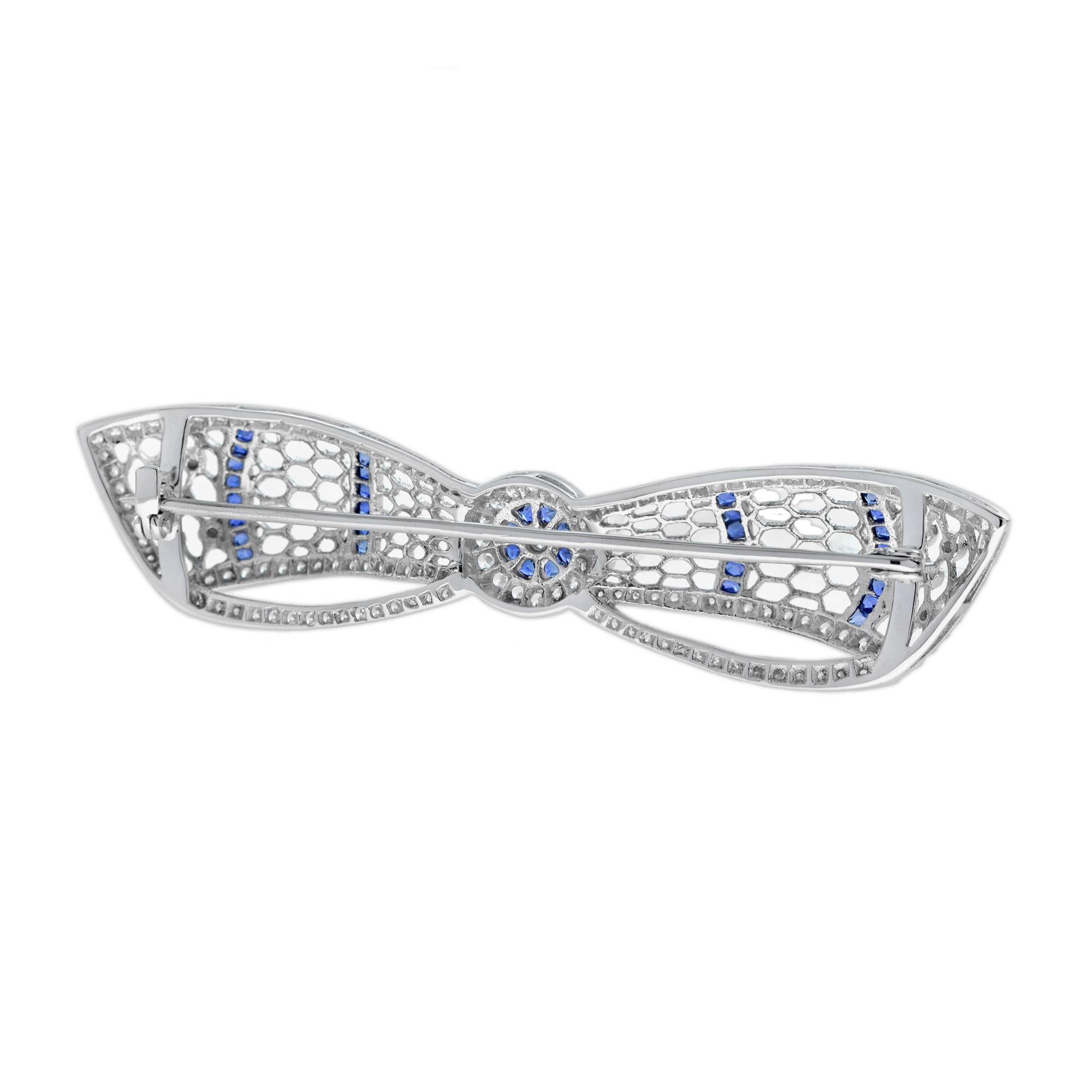 Round Cut Diamond and Sapphire Art Deco Style Bow Brooch in 14k White Gold For Sale