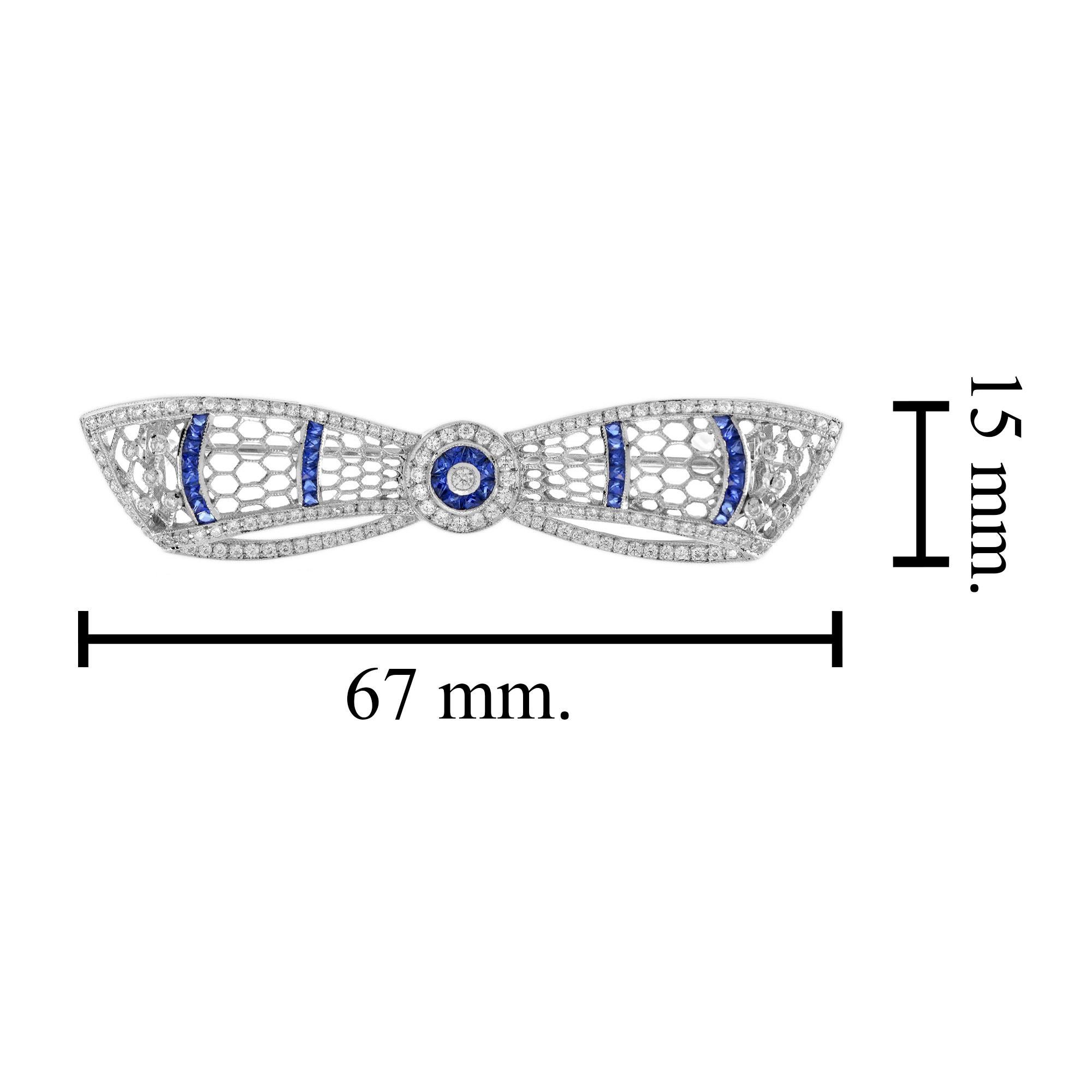 Women's Diamond and Sapphire Art Deco Style Bow Brooch in 14k White Gold For Sale