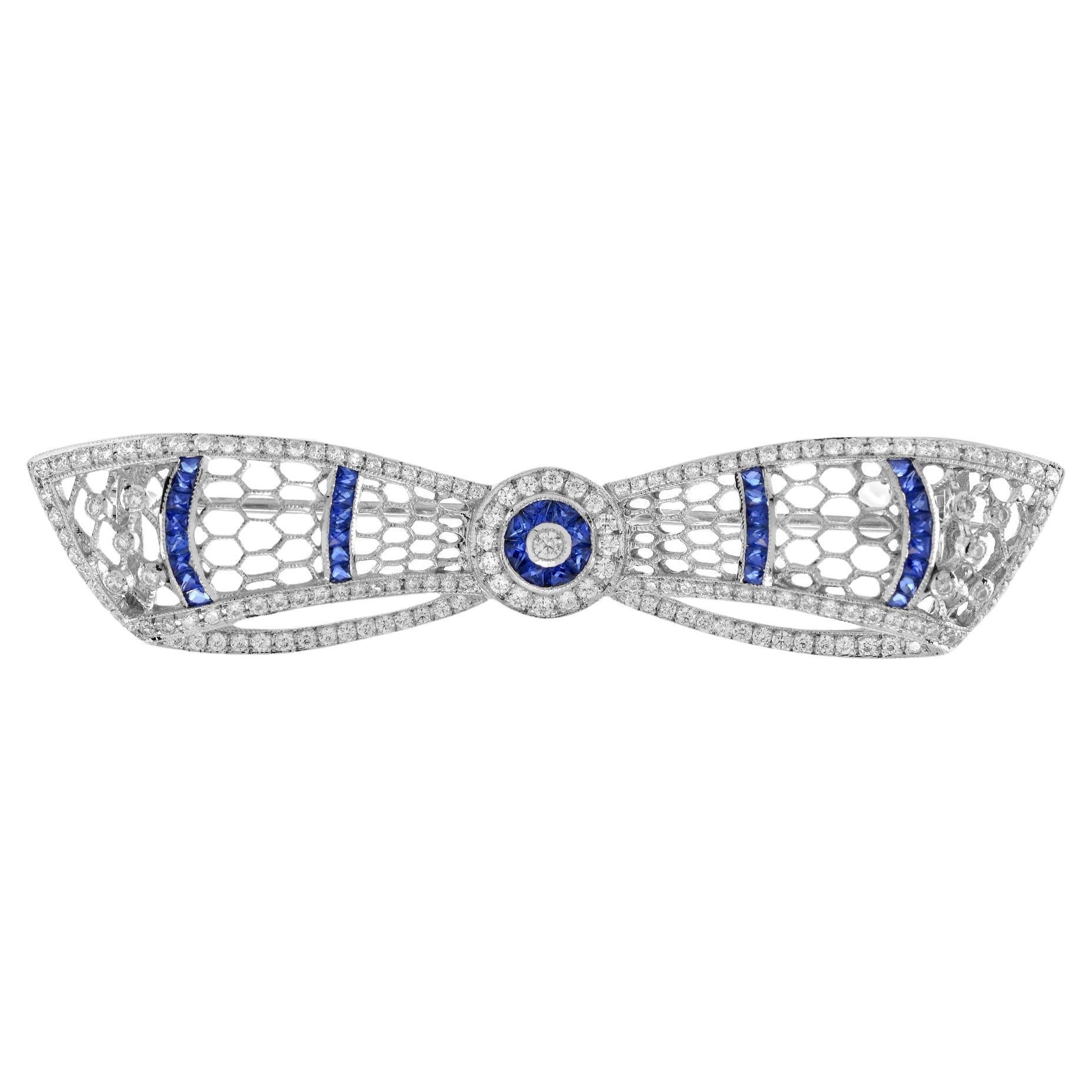 Diamond and Sapphire Art Deco Style Bow Brooch in 14k White Gold For Sale