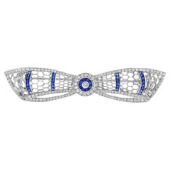 Diamond and Sapphire Art Deco Style Bow Brooch in 14k White Gold