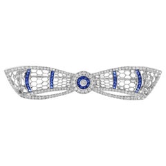 Diamond and Sapphire Art Deco Style Bow Brooch in 14k White Gold