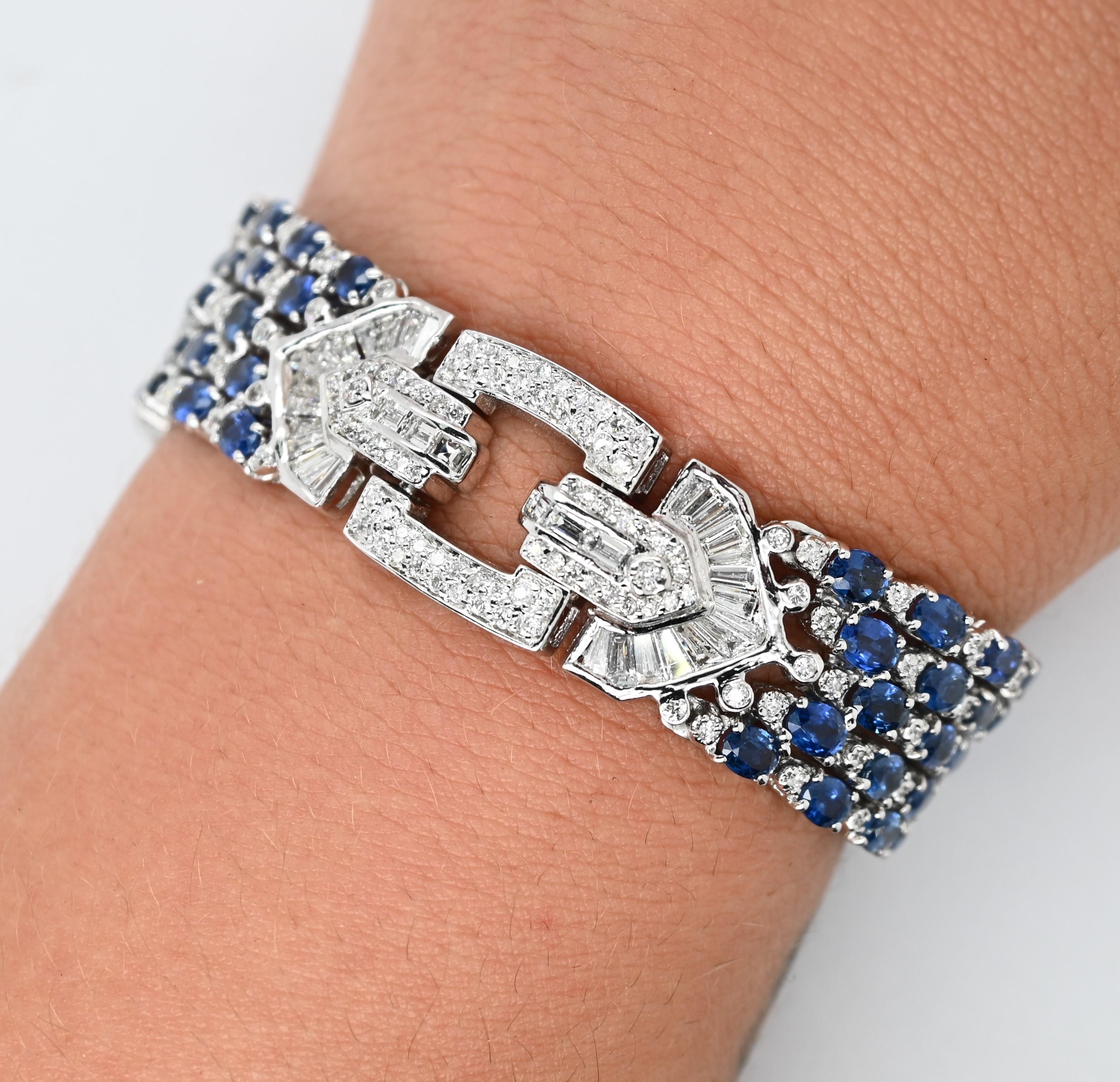 Cushion Cut Diamond and Sapphire Art Deco Style Bracelet For Sale