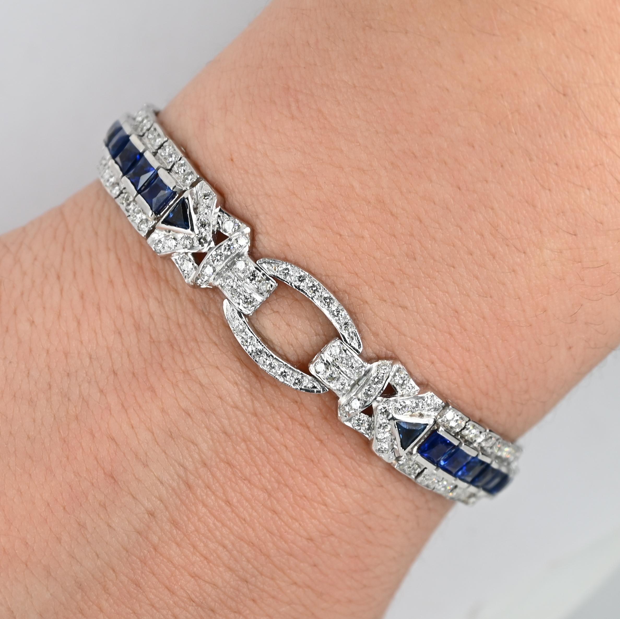 Princess Cut Diamond and Sapphire Art Deco Style Bracelet For Sale