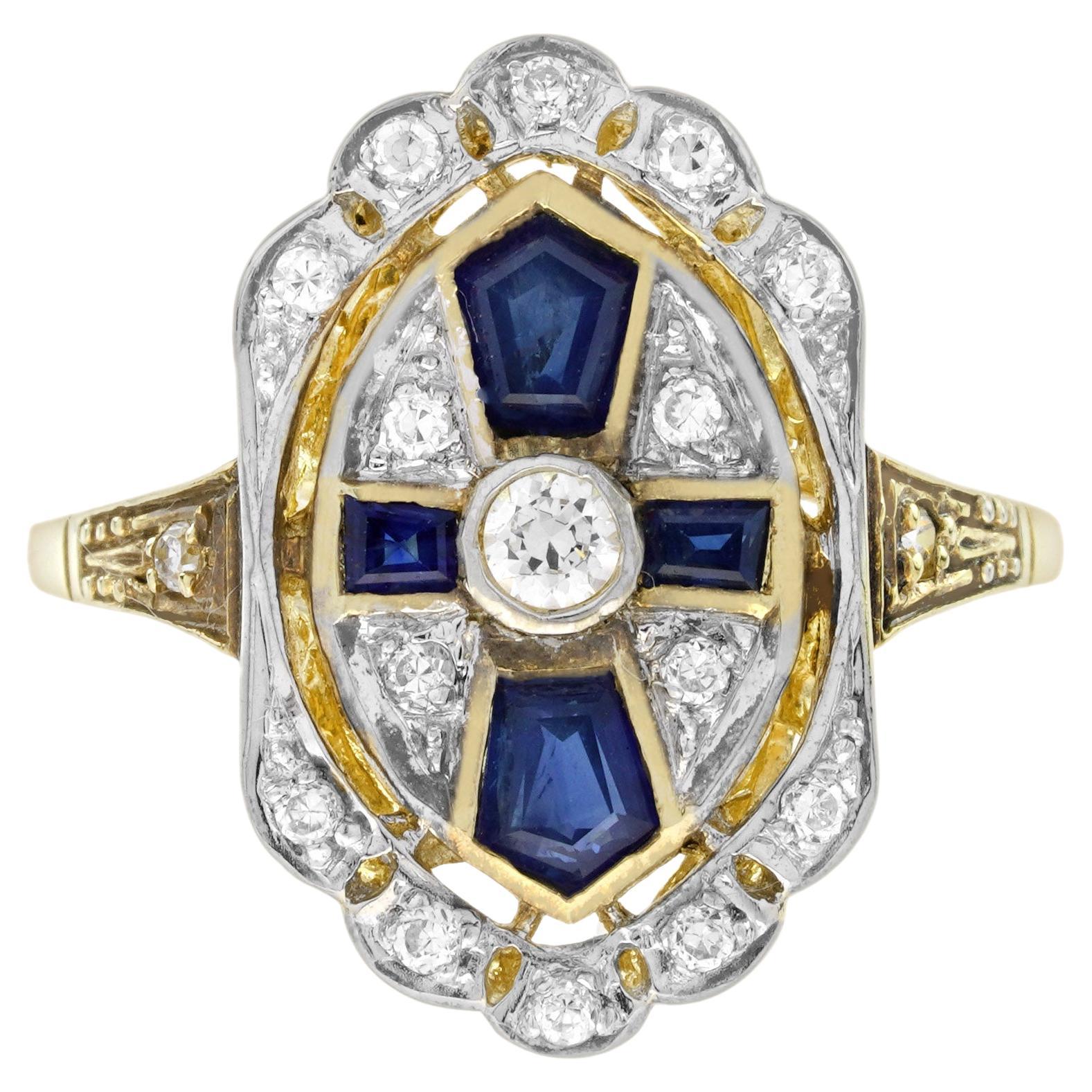 Bague croix en or jaune 14K, diamant et saphir, style Art Déco