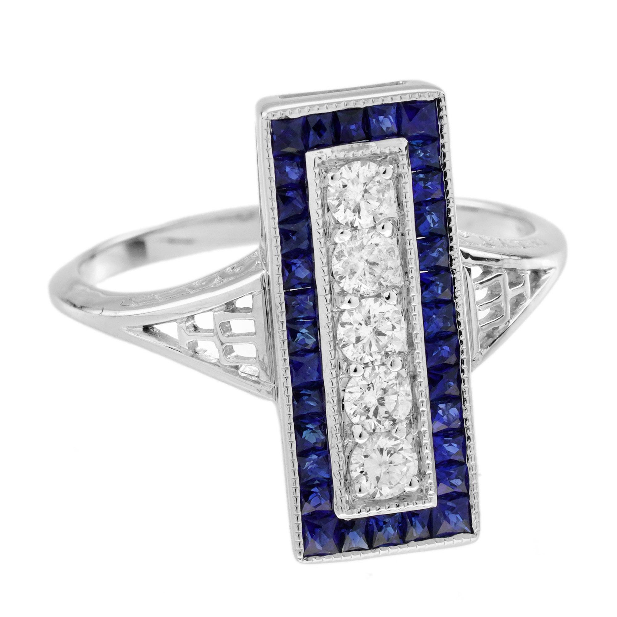 Anello da cena in stile Art Deco con diamanti e zaffiri in oro bianco 14K in vendita 1