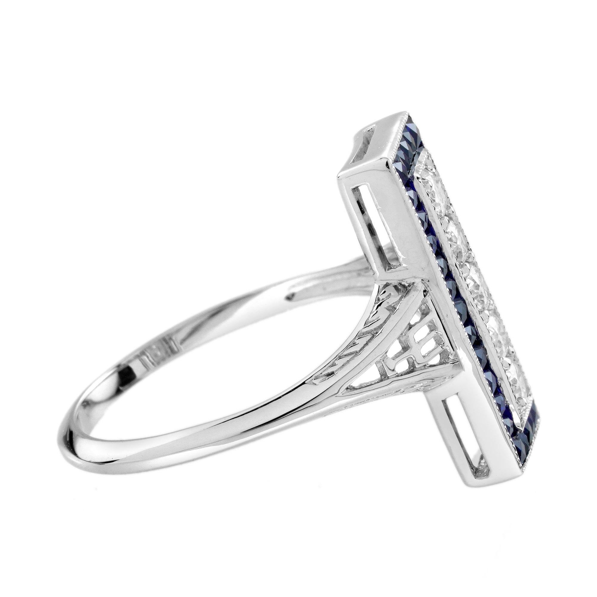 Anello da cena in stile Art Deco con diamanti e zaffiri in oro bianco 14K in vendita 2
