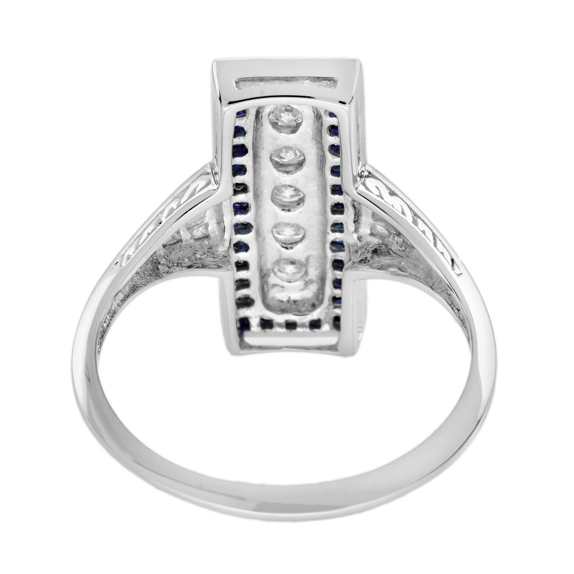 Anello da cena in stile Art Deco con diamanti e zaffiri in oro bianco 14K in vendita 3