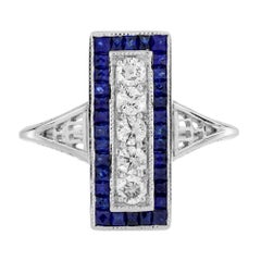 Diamond and Sapphire Art Deco Style Dinner Ring in 14K White Gold
