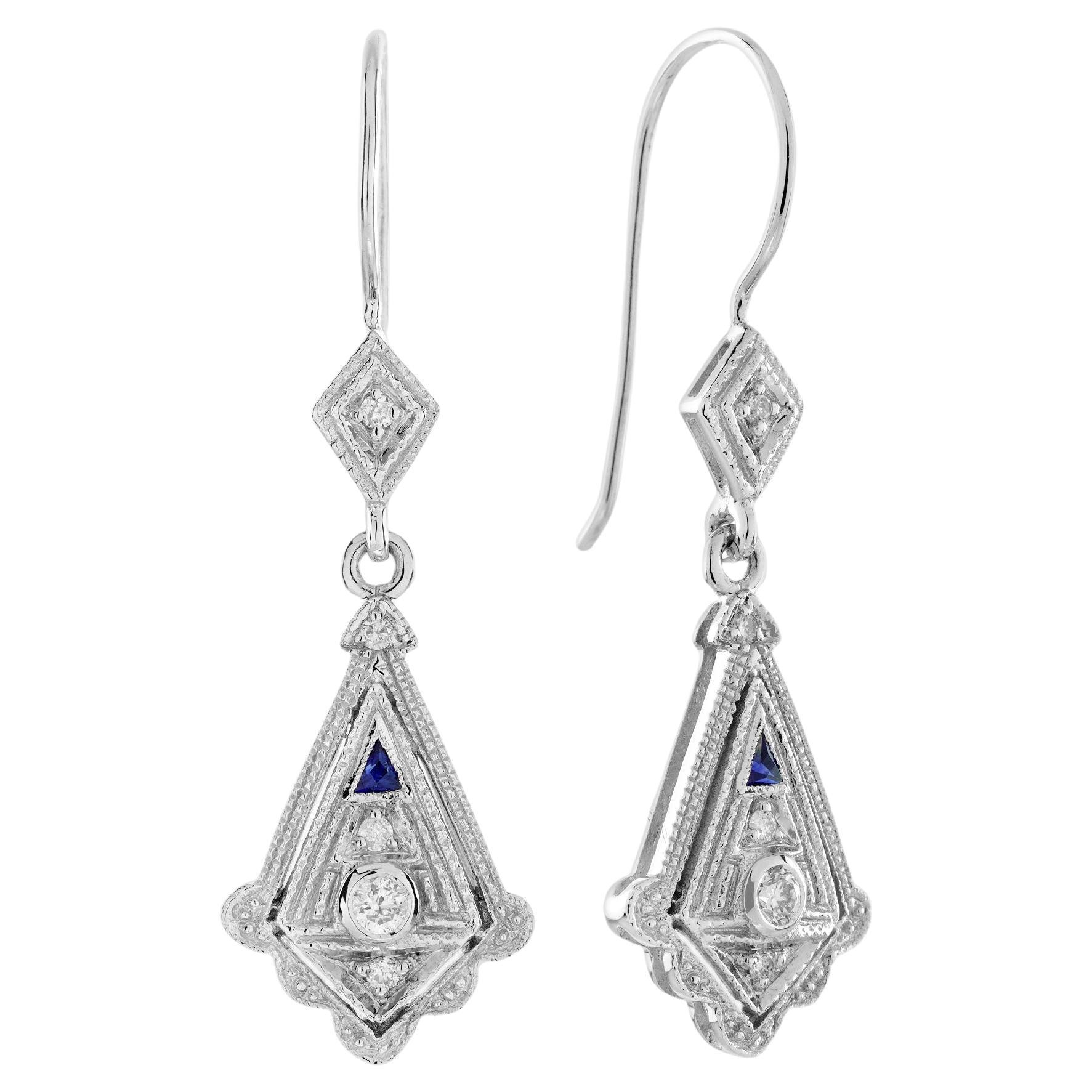 Orecchini a goccia in stile Art Déco con diamanti e zaffiri in oro bianco 14 carati