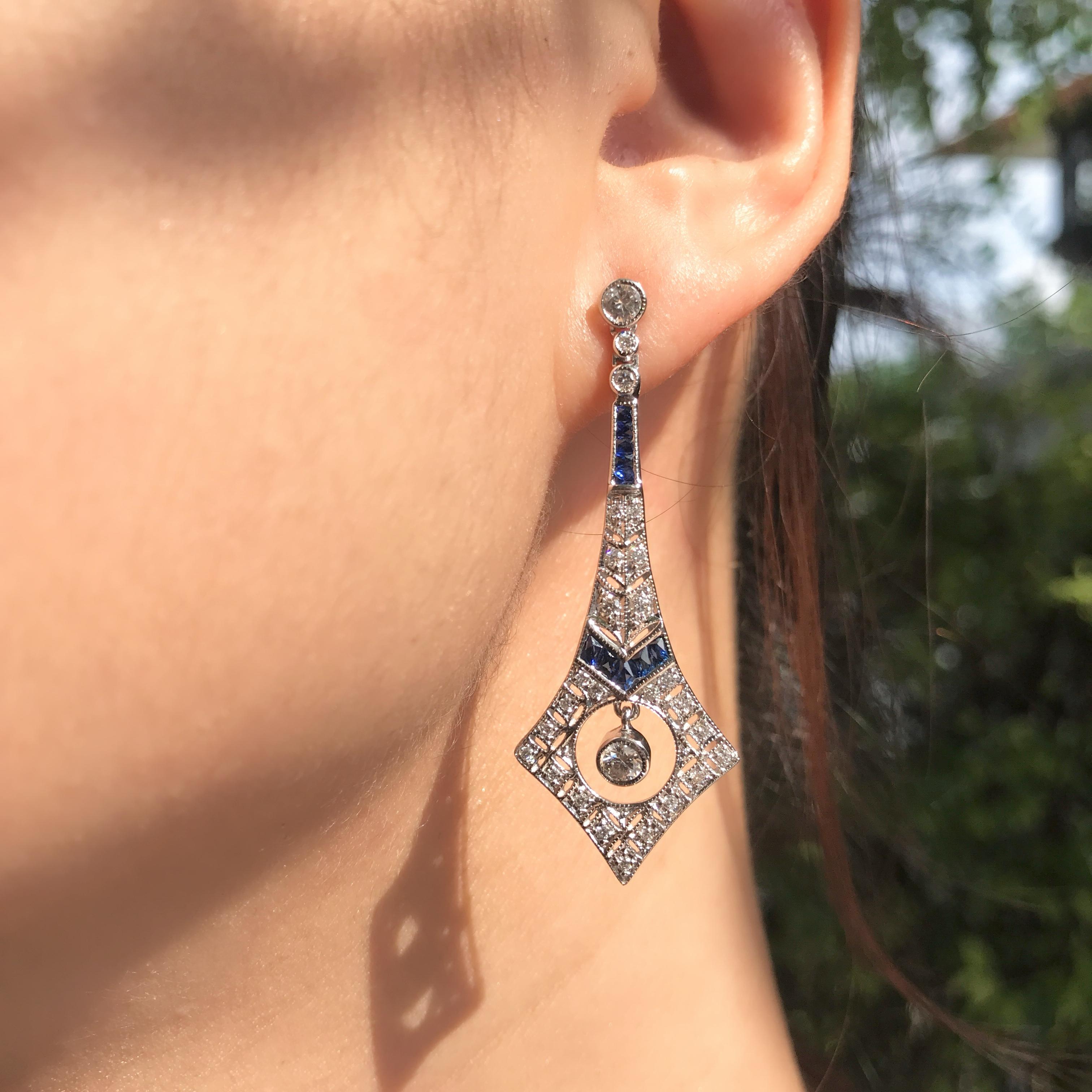 Pendentif en diamant et saphir de style Art déco  Boucles d'oreilles en or blanc 18 carats en vente 7