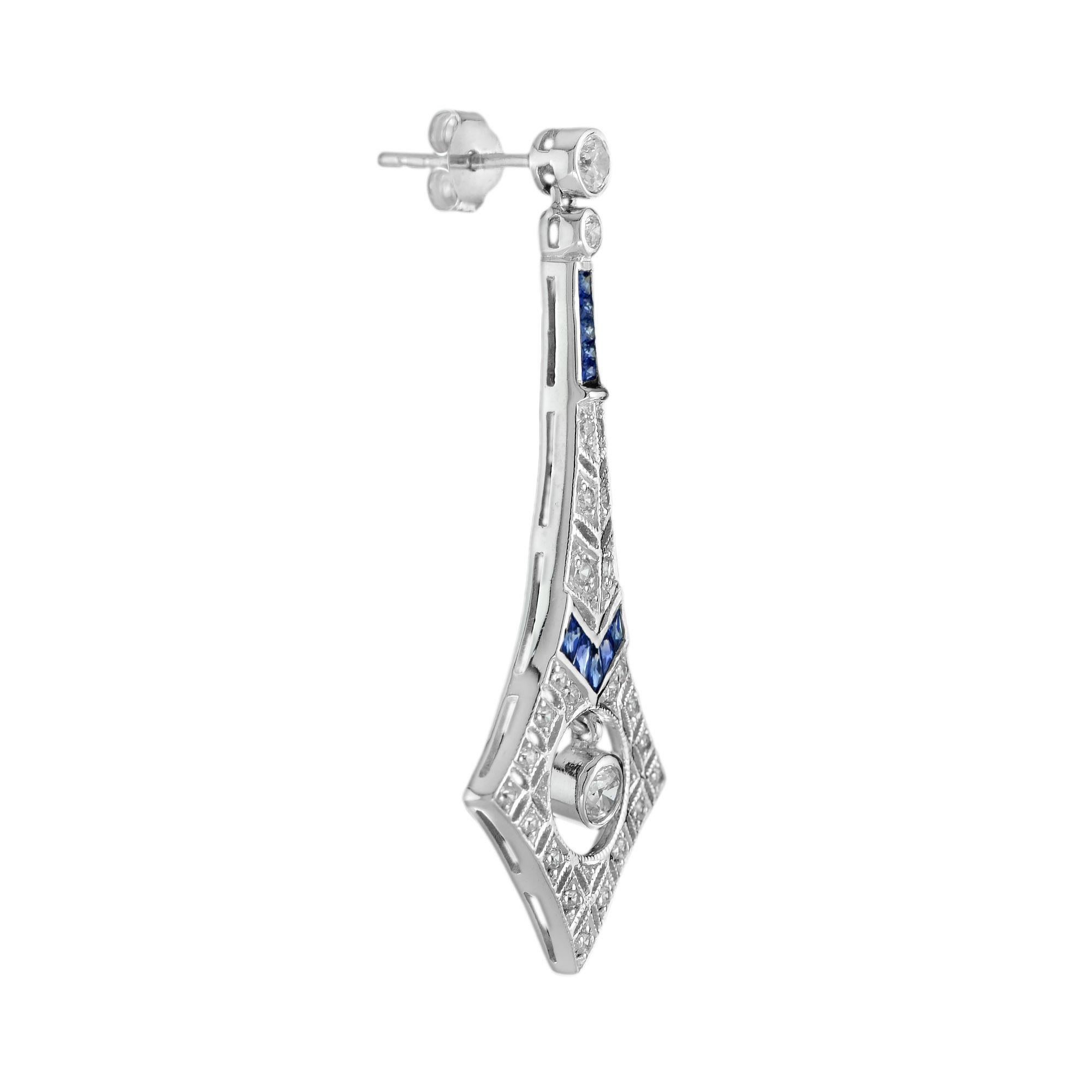Round Cut Diamond and Sapphire Art Deco Style Drop Earrings in 18K White Gold For Sale
