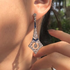 Diamond and Sapphire Art Deco Style Drop Earrings in 18K White Gold