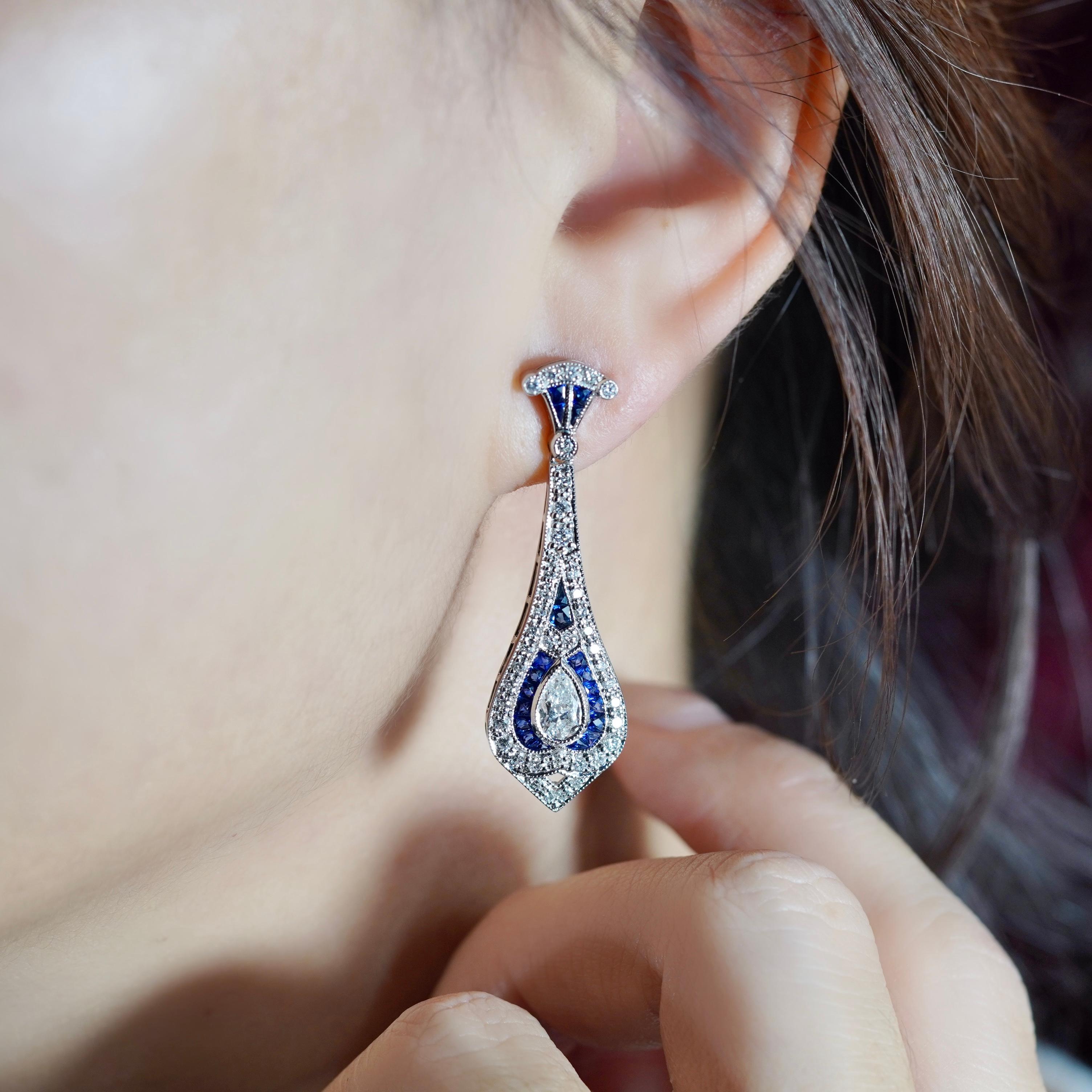 Round Cut Diamond and Sapphire Art Deco Style Drop Earrings in 18K White Gold For Sale